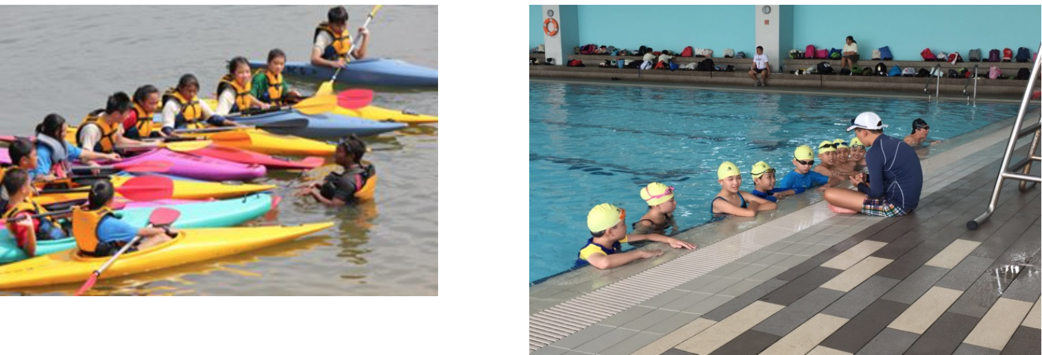 Children in life jackets kayaking on water, and children in yellow swim caps receiving poolside swimming instruction.
