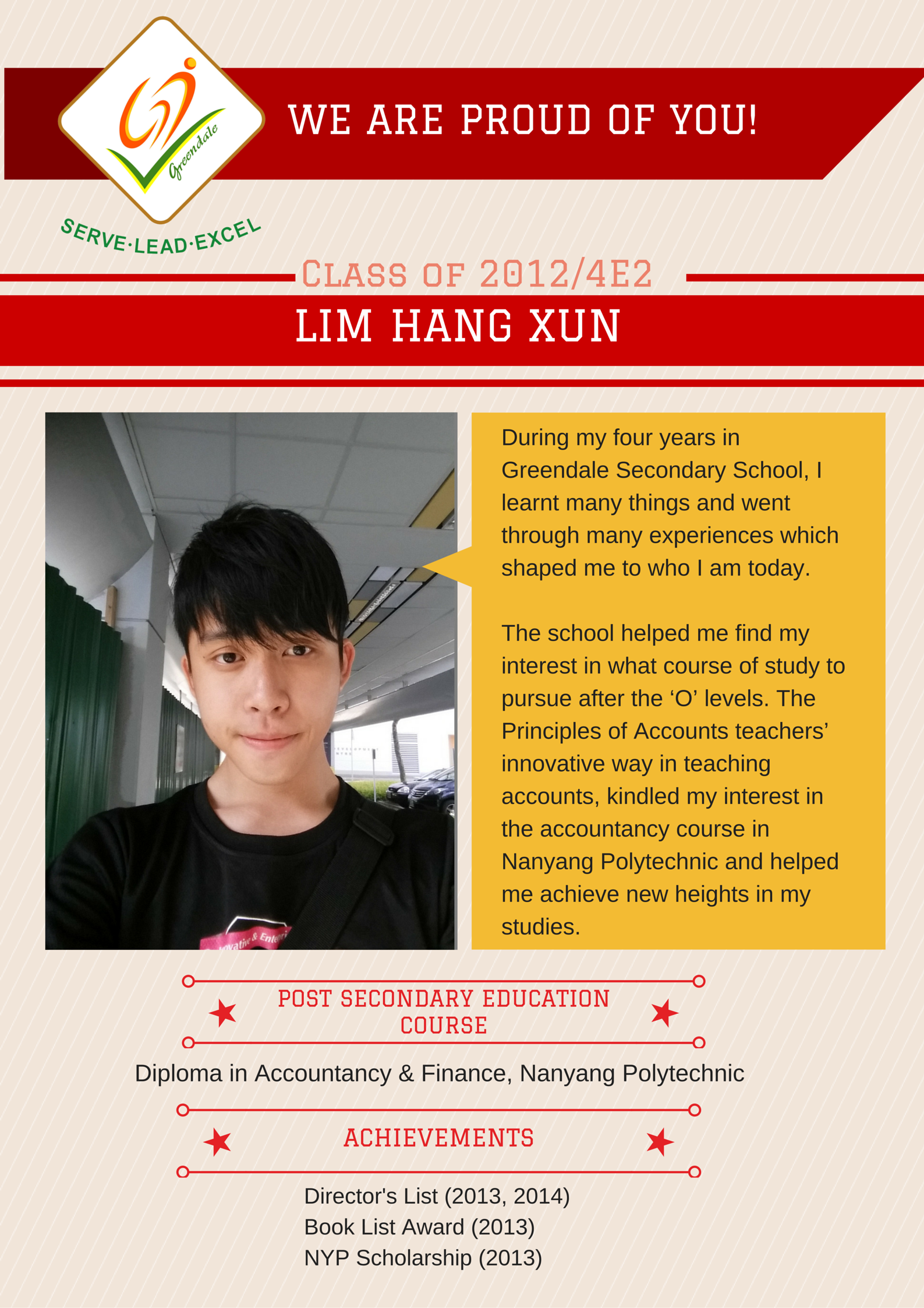 A school pride poster for Lim Hang Xun, Class 2012/4E2, featuring his photo and listed achievements at Nanyang Polytechnic.