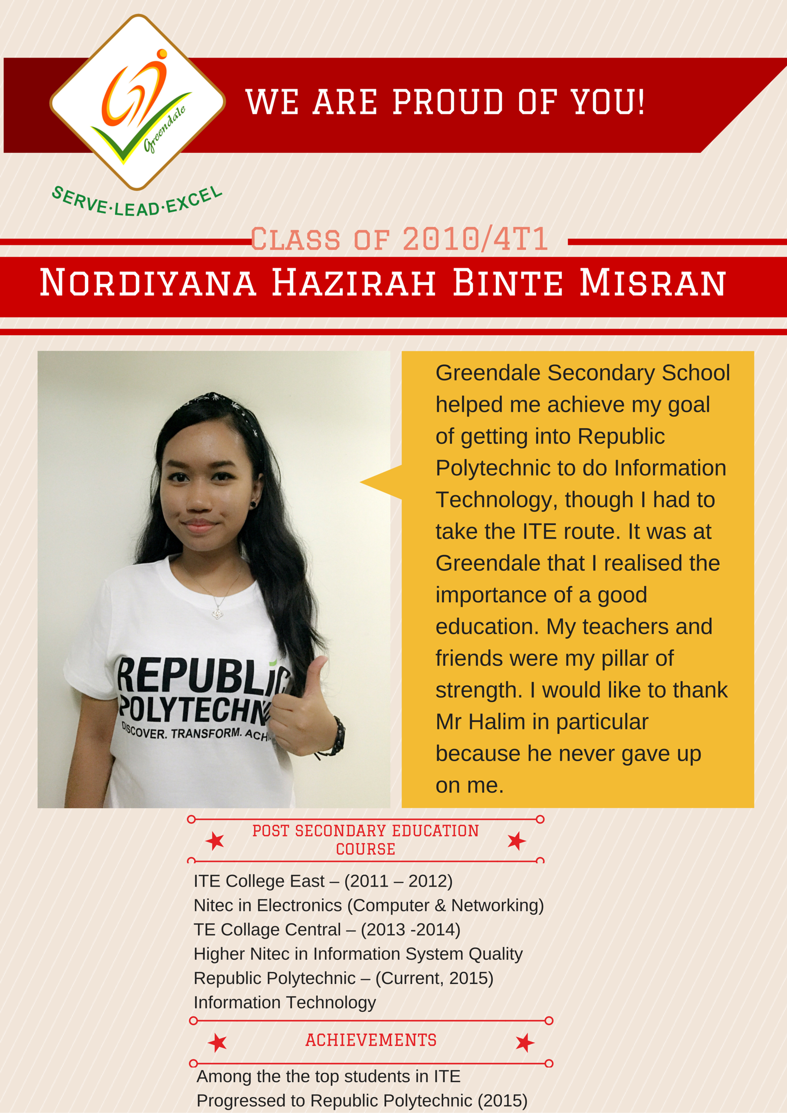 Greendale Secondary School pride poster featuring student Nordiyana giving a thumbs up in a Republic Polytechnic shirt.
