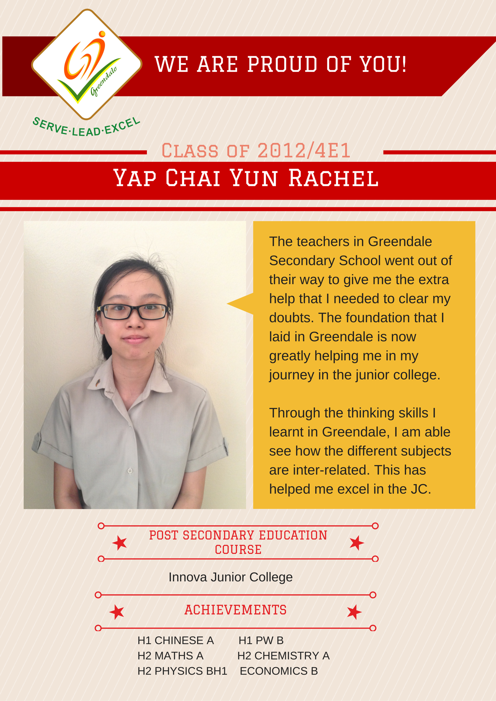 A school achievement card for student Yap Chai Yun Rachel, featuring her photo and academic results from Greendale Secondary School.