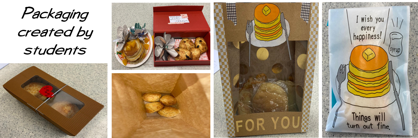 Five student-made food packaging designs featuring boxes, bags, and illustrated wrapping for baked goods and pancakes.
