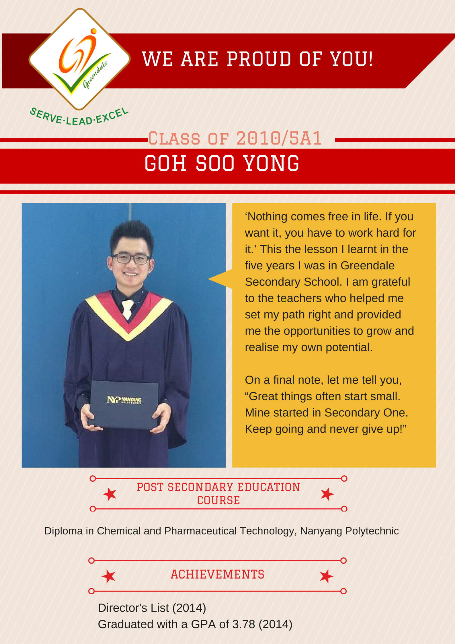 Young man in graduation gown holding a Nanyang Polytechnic folder, featured on a Greendale Secondary School pride poster.