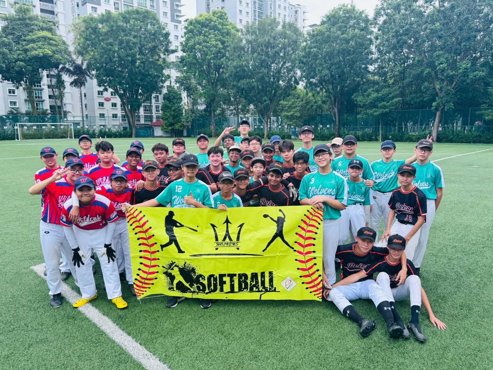 A large group of youth softball players in team jerseys pose on a field holding a yellow Softball banner.
