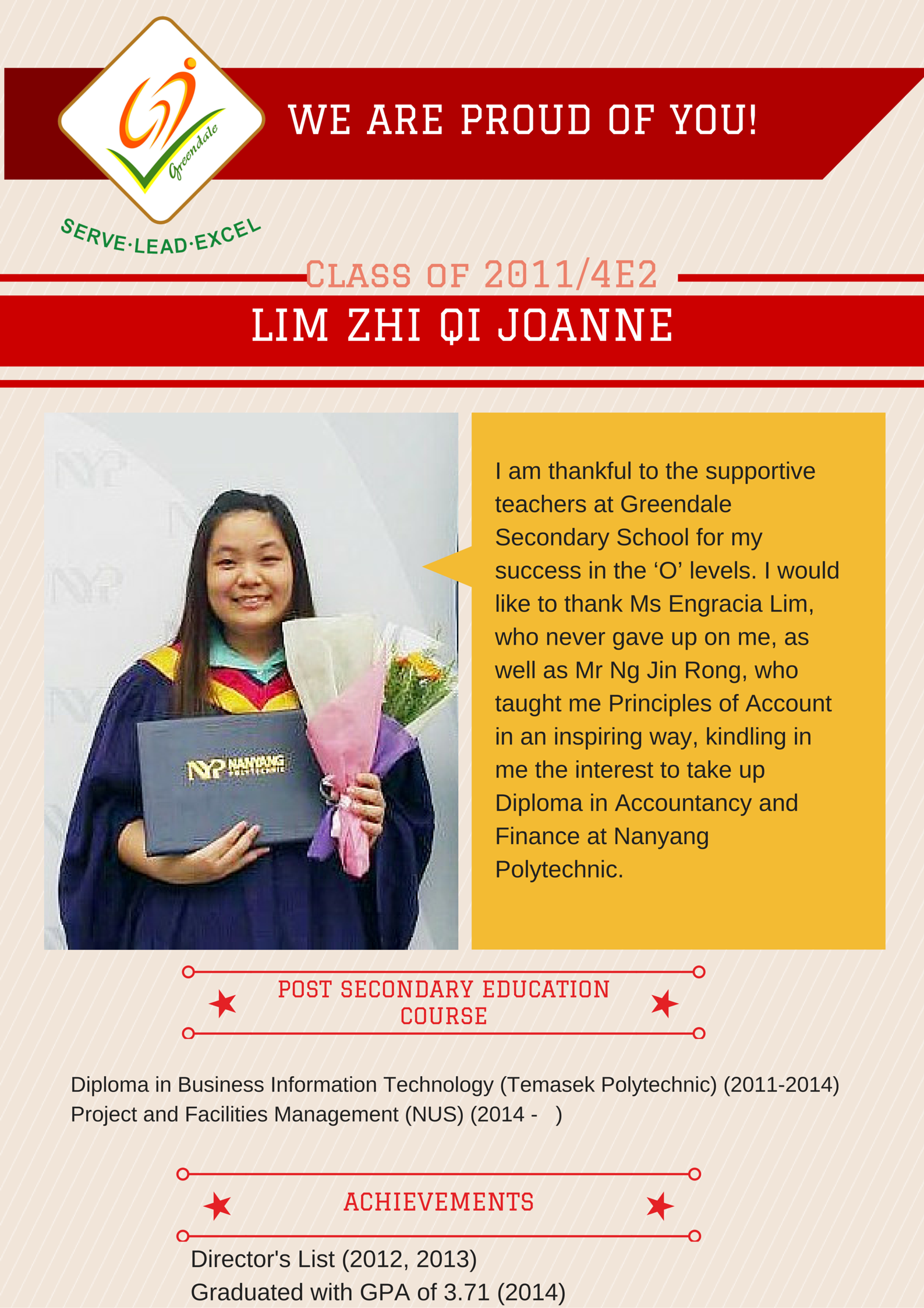 A young woman in a blue graduation gown holds a diploma and flowers, featured on a Greendale Secondary School pride poster.