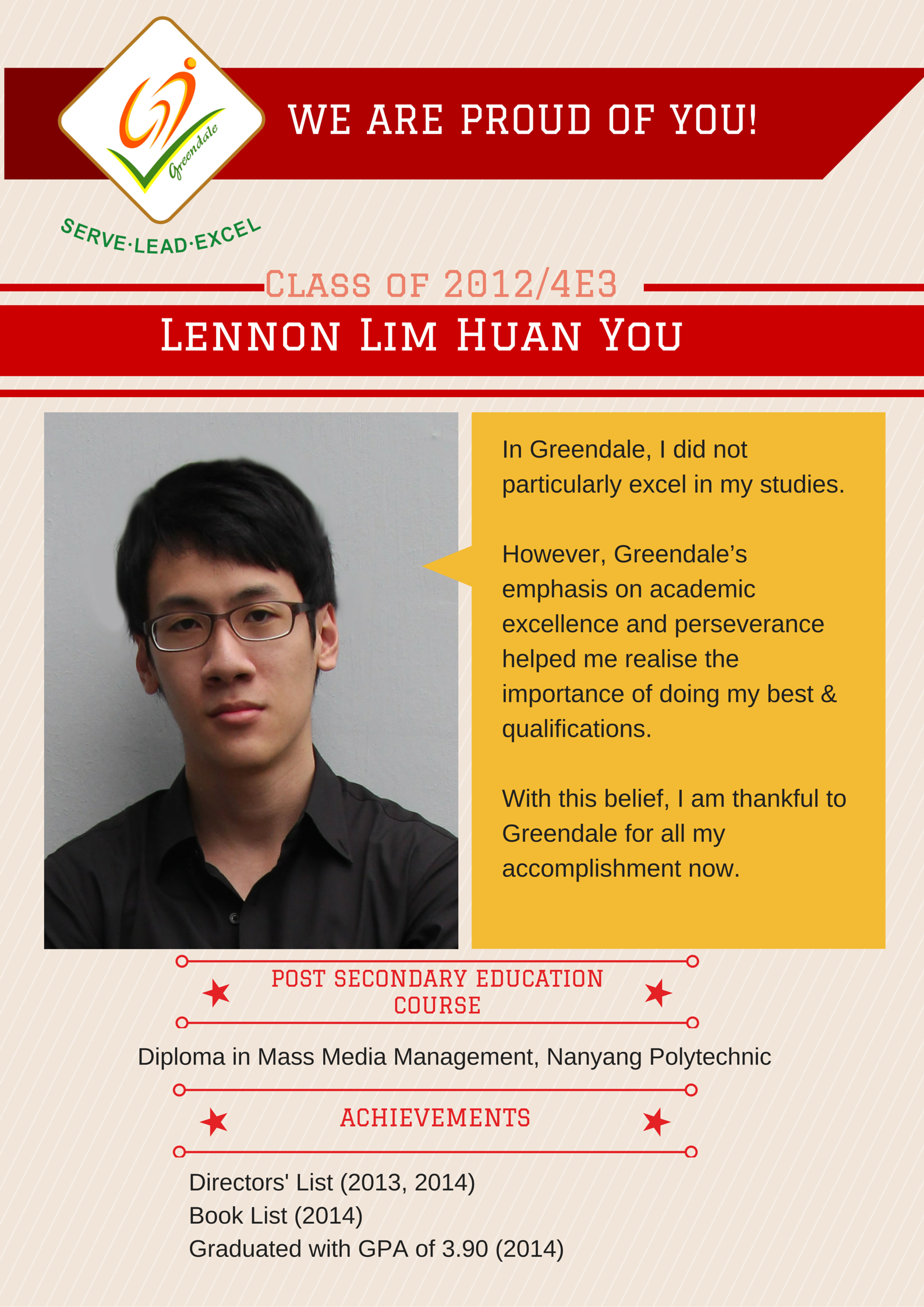 Greendale school achievement card for Lennon Lim Huan You, Class 2012/4E3, featuring his photo and academic accomplishments.