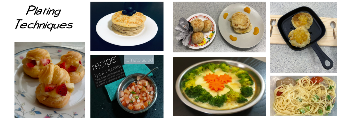 Collage titled Plating Techniques showing pancakes, cream puffs, tomato salad, steamed vegetables, pasta, and biscuits.