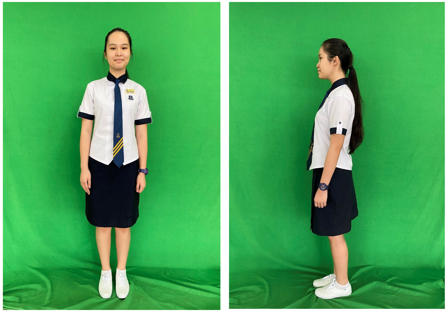 A girl in a white shirt, navy skirt, and tie poses front and side view against a green background.