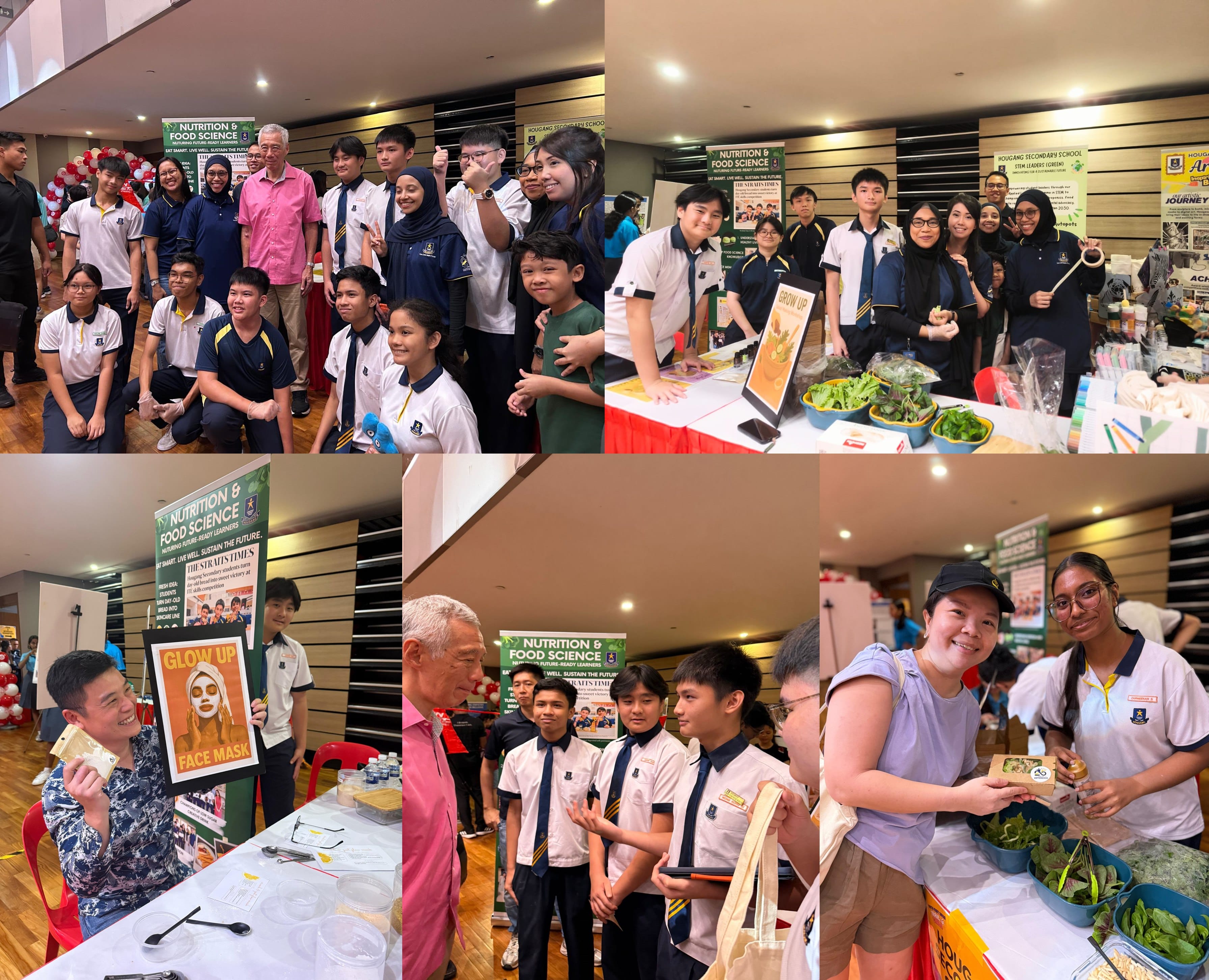 Students and adults at a Nutrition and Food Science school fair with booths displaying plants, face masks, and food items.