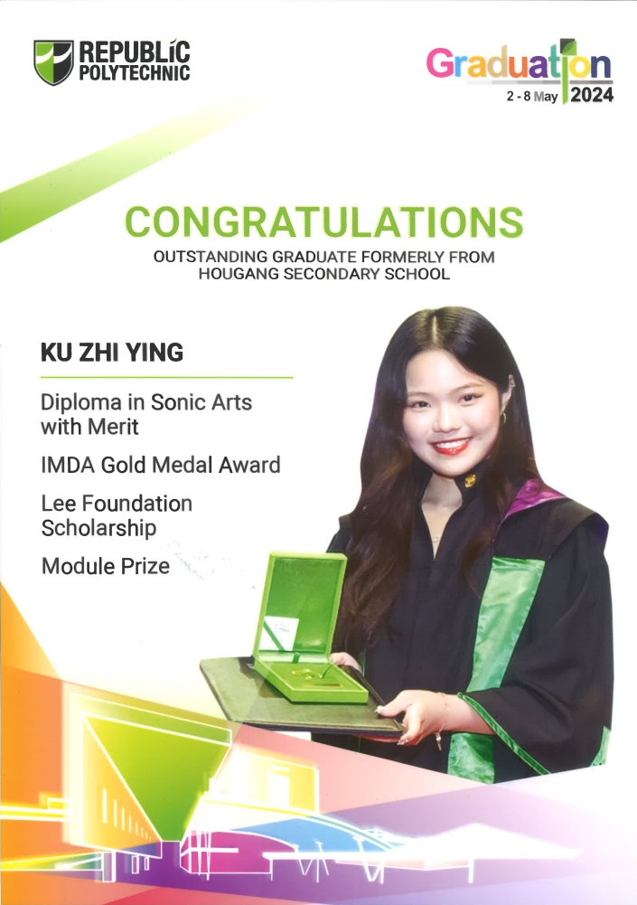Republic Polytechnic Graduation 2024 congratulations card for Ku Zhi Ying holding an award in graduation gown.