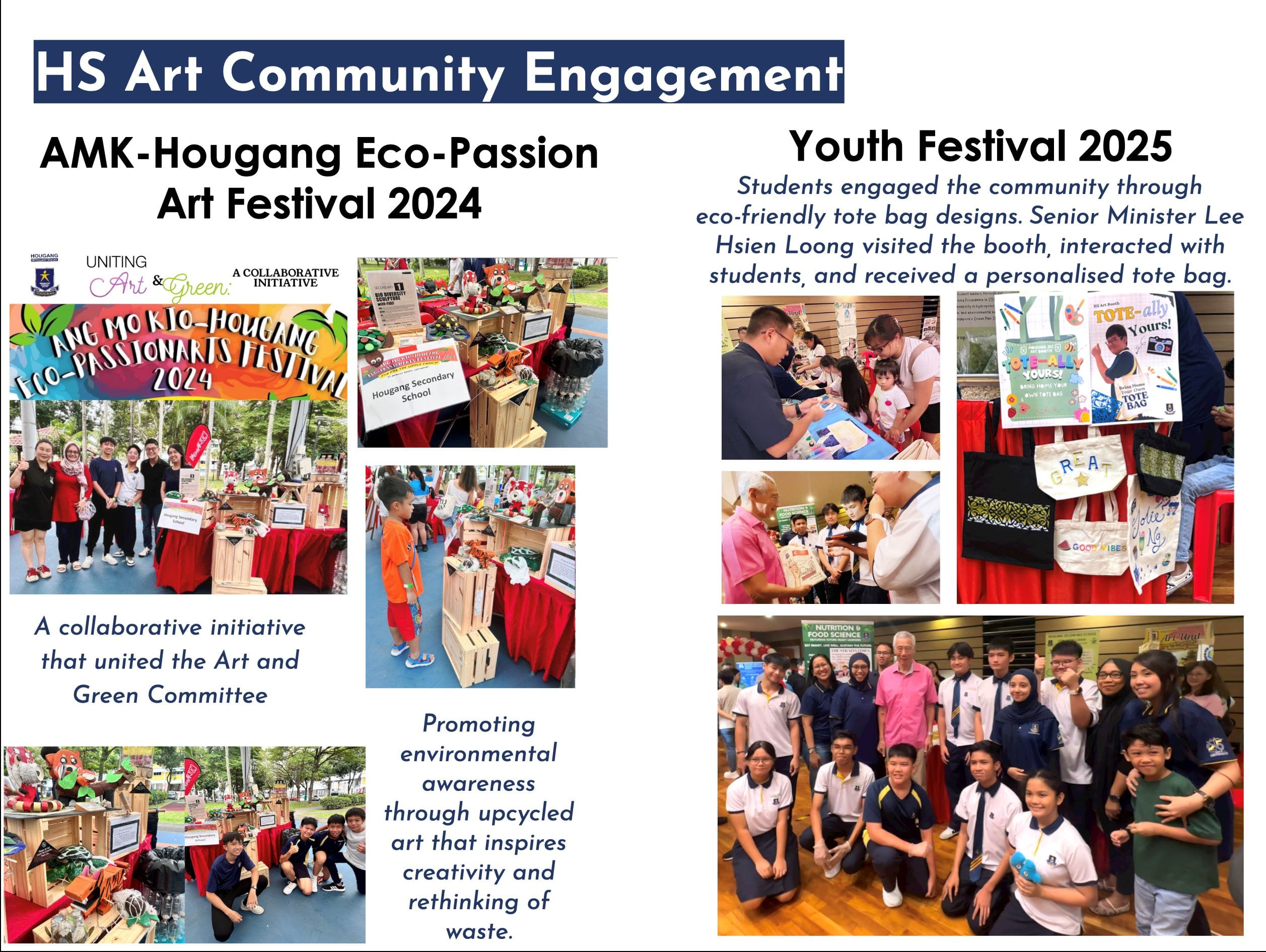 Flyer showing HS Art Community Engagement events in 2024 and 2025 with student photos and eco-art displays.