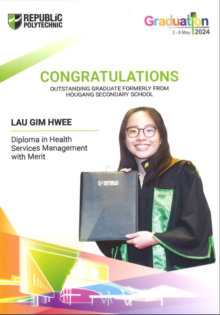 Republic Polytechnic 2024 graduation certificate for Lau Gim Hwee, shown smiling in academic gown holding a diploma folder.