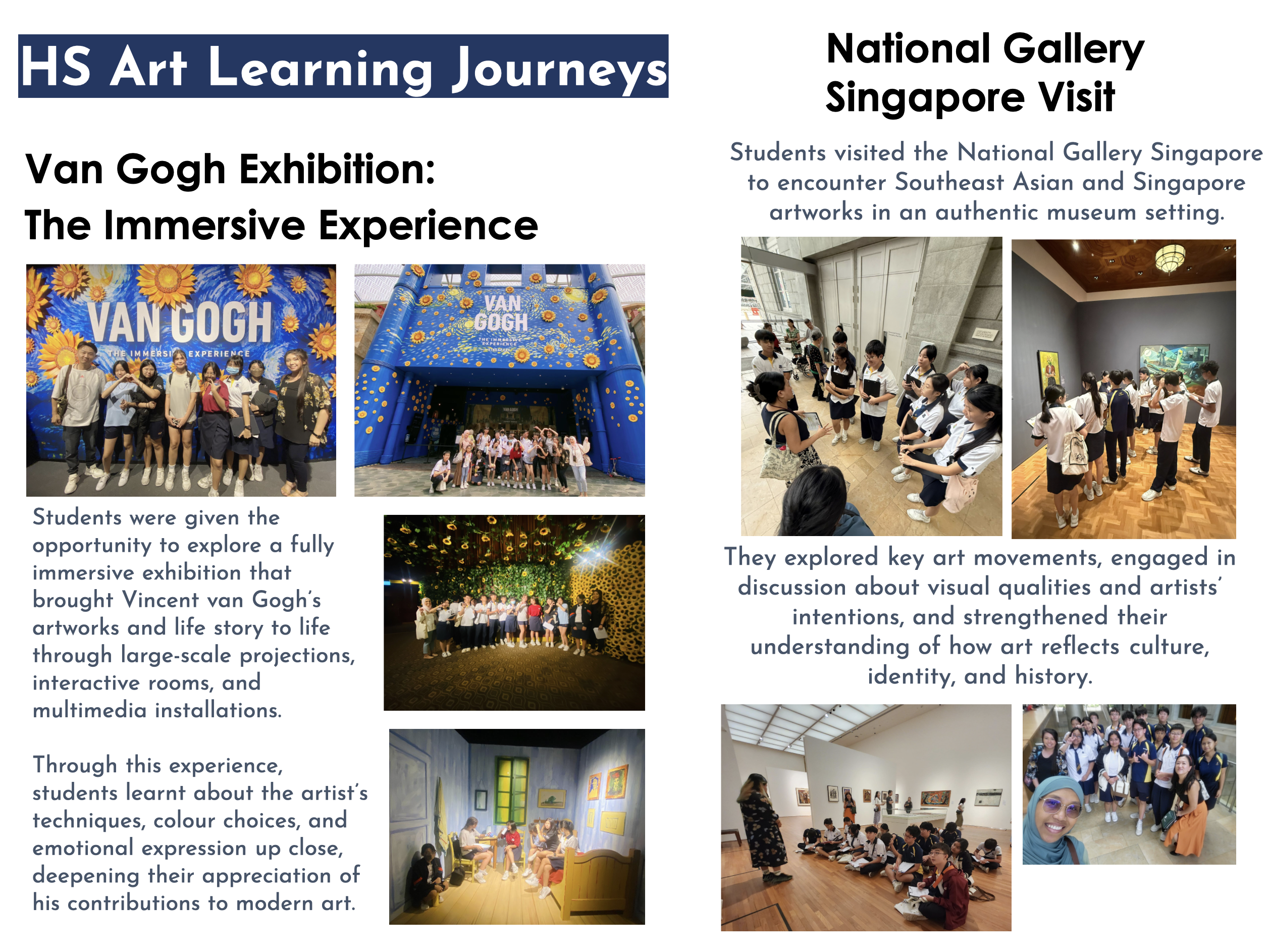 Poster on HS Art Learning Journeys with student photos at Van Gogh Immersive Experience and National Gallery.