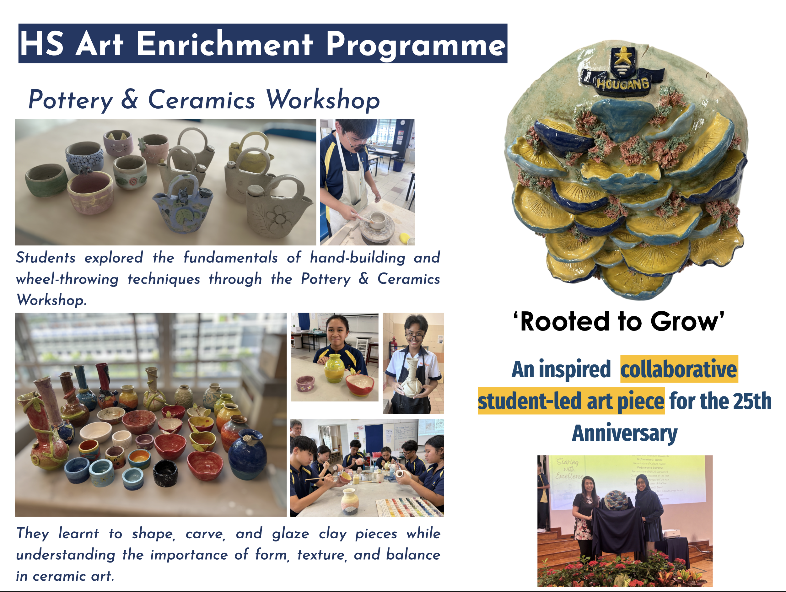 Poster for HS pottery workshop with photos of students’ ceramics and a layered sculpture titled Rooted to Grow.