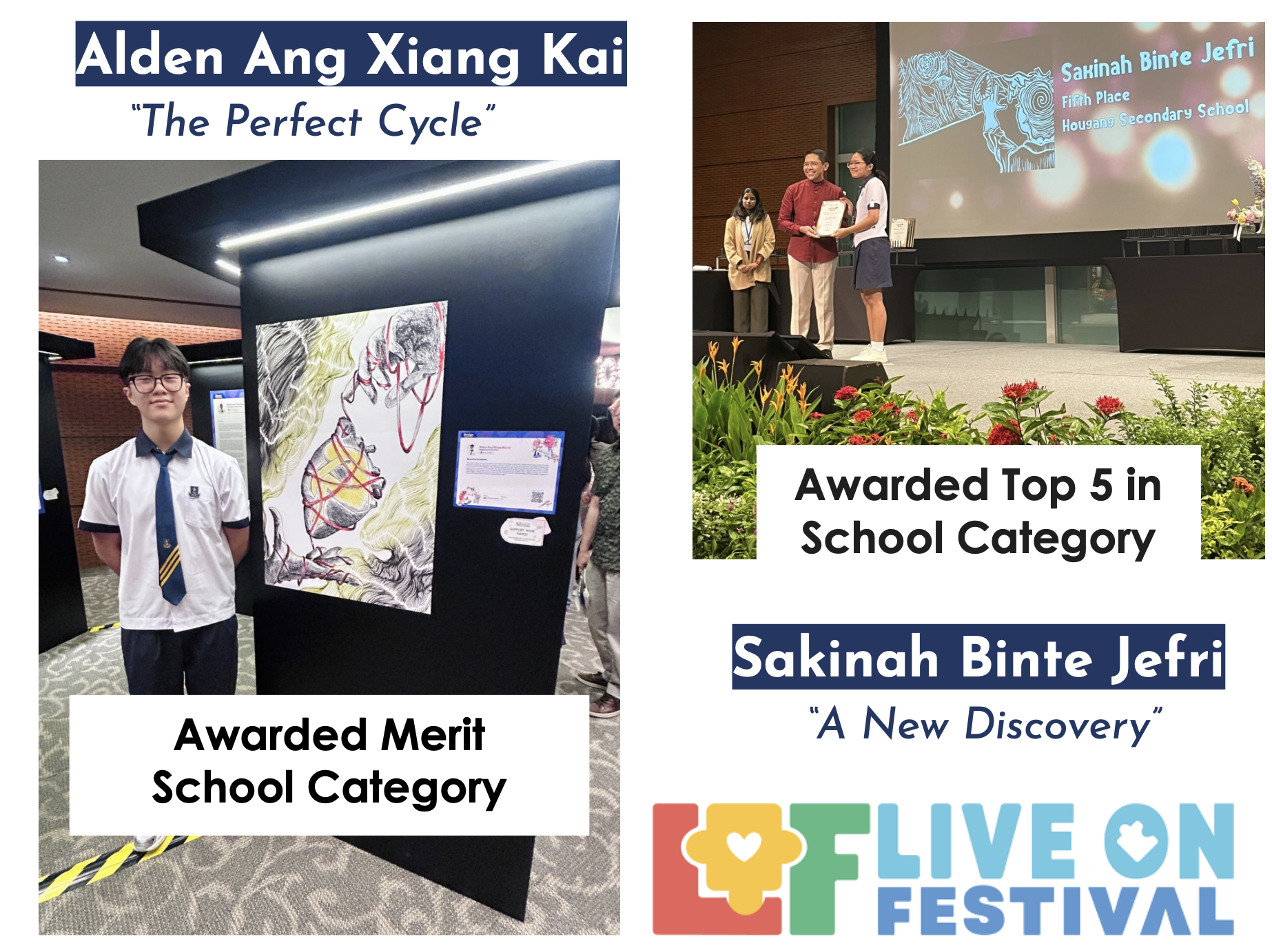 Two students, Alden and Sakinah, are shown receiving art awards at the Live On Festival school category.