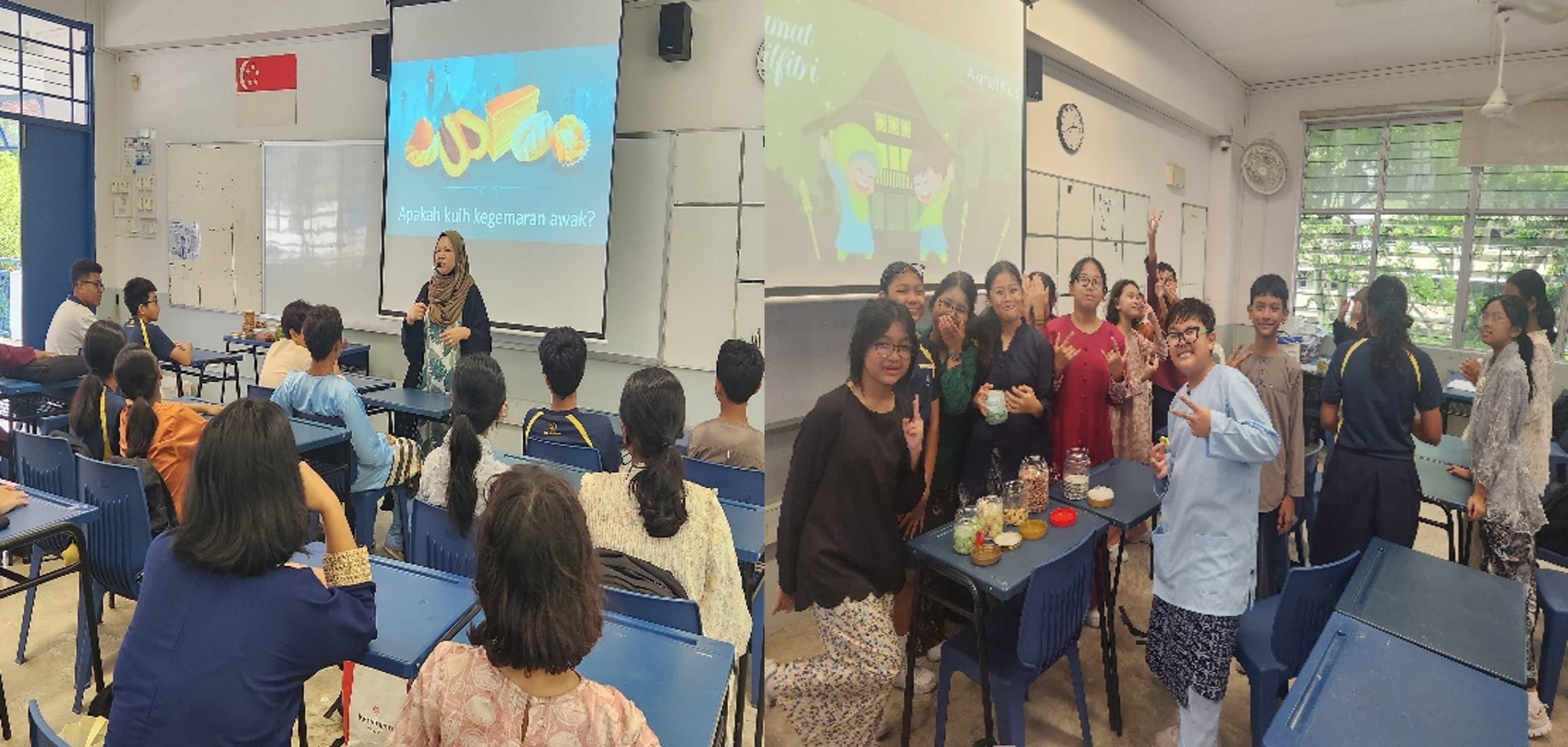 Two classroom scenes: a teacher presenting a Malay slide to students, and students posing together near a Hari Raya display.