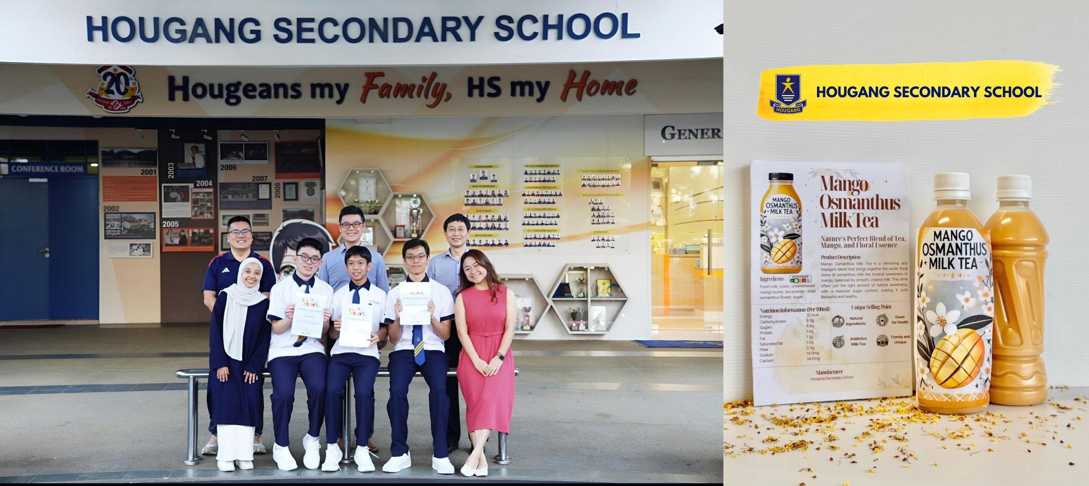 Students and teachers pose at Hougang Secondary School beside a product display of Mango Osmanthus Milk Tea bottles.