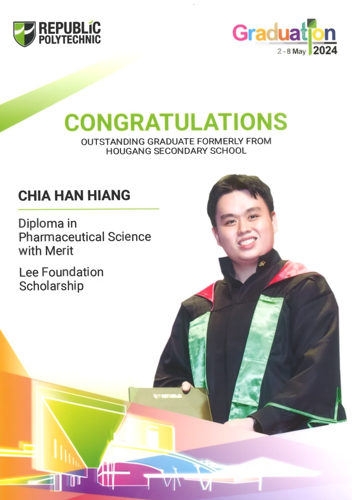 Republic Polytechnic 2024 graduation certificate for Chia Han Hiang in Pharmaceutical Science, shown wearing academic gown.