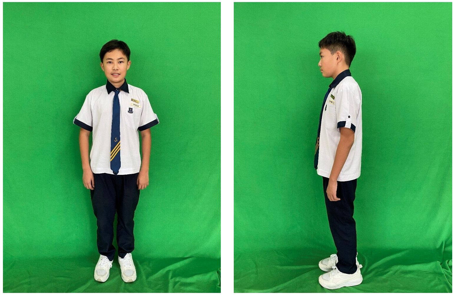 A boy in a white school uniform with a navy tie stands facing front and side view against a green background.