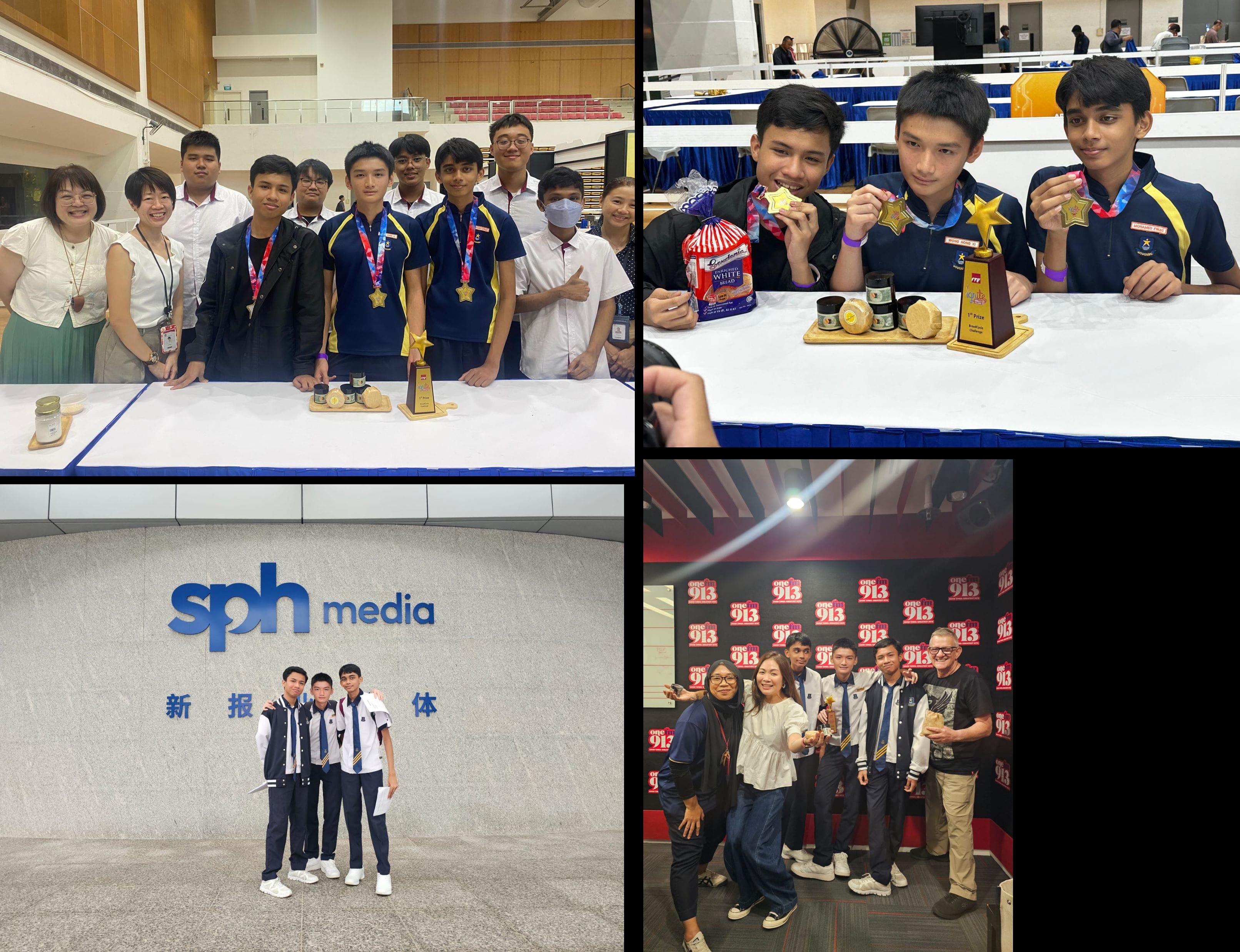 Four photos of students with medals and trophies, posing at an event, SPH Media lobby, and One 91.3 radio backdrop.