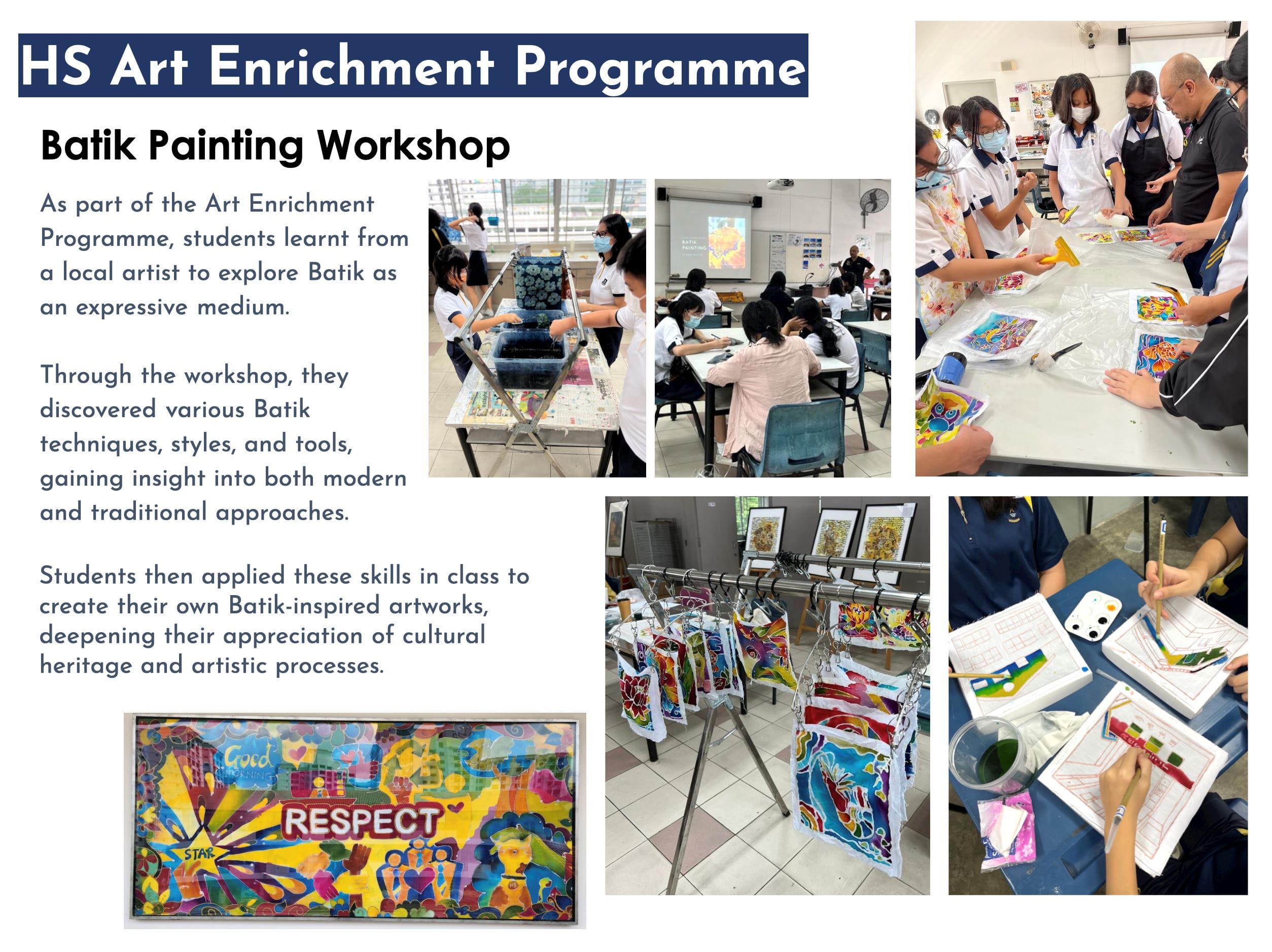 Flyer for HS Art Enrichment Batik Painting Workshop showing students creating colorful batik artworks in class.