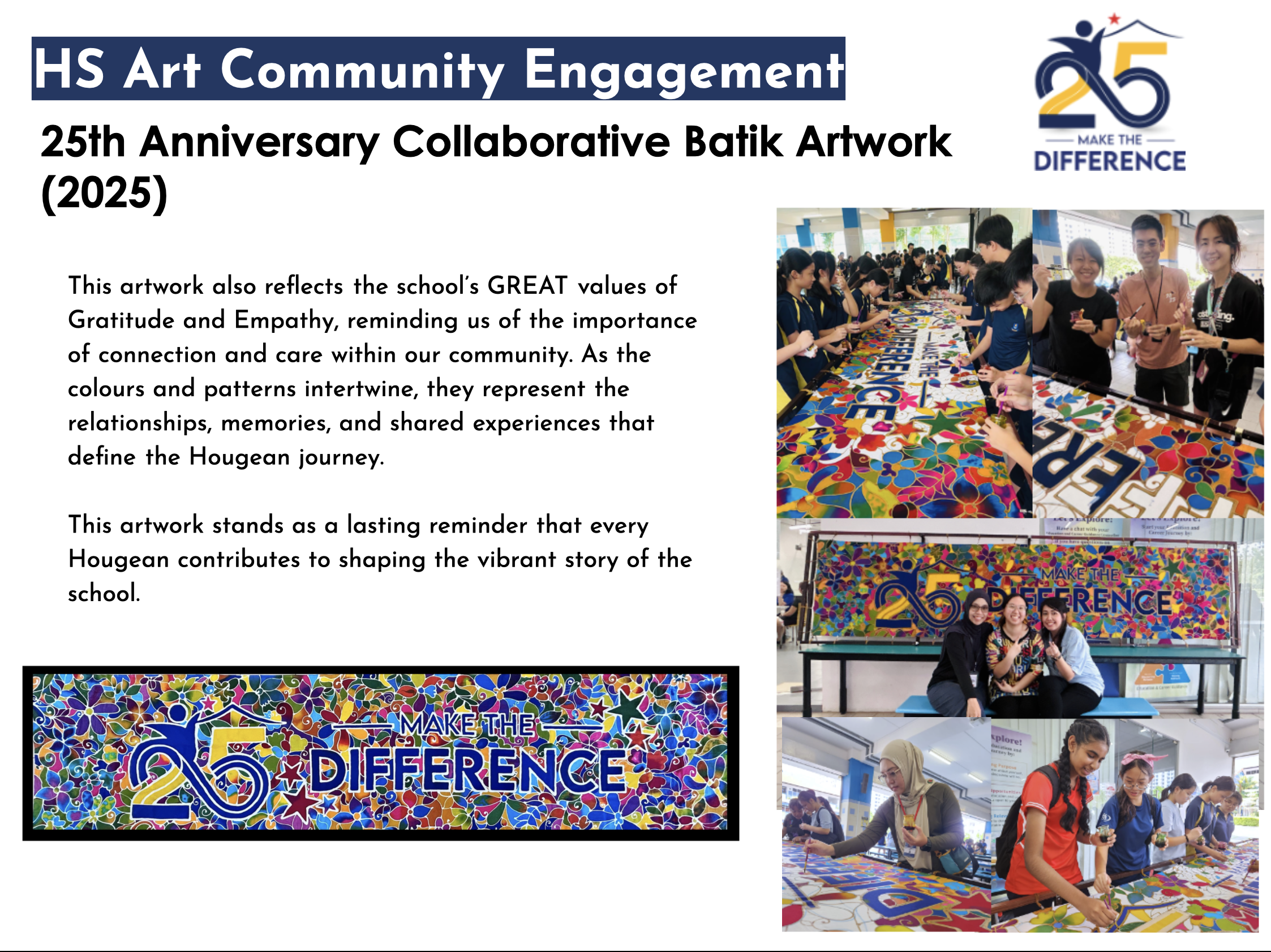 Students collaborating on a large colorful batik artwork for a school's 25th anniversary community engagement event.