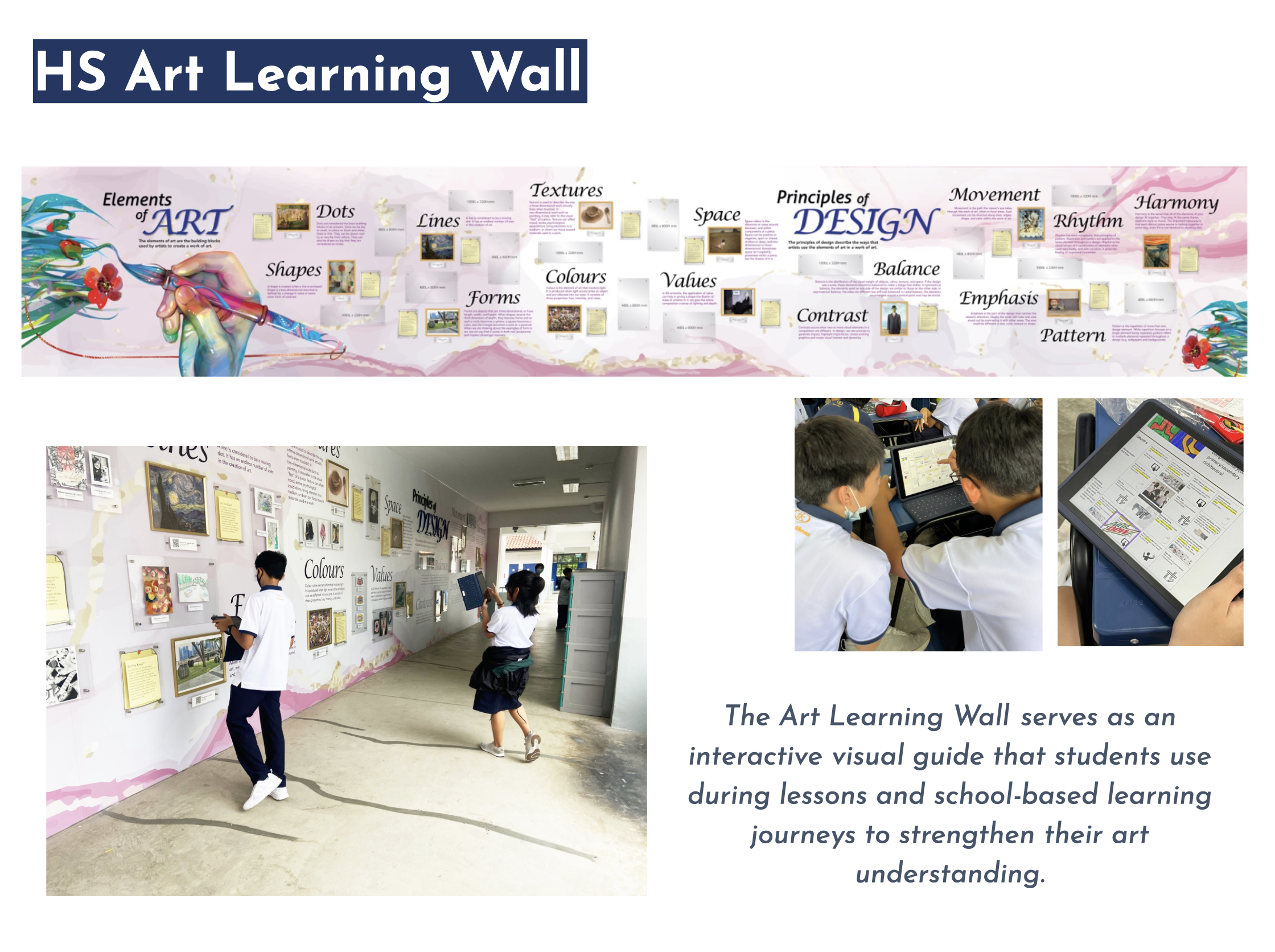 Students exploring a decorated school hallway art wall displaying elements of art and principles of design.