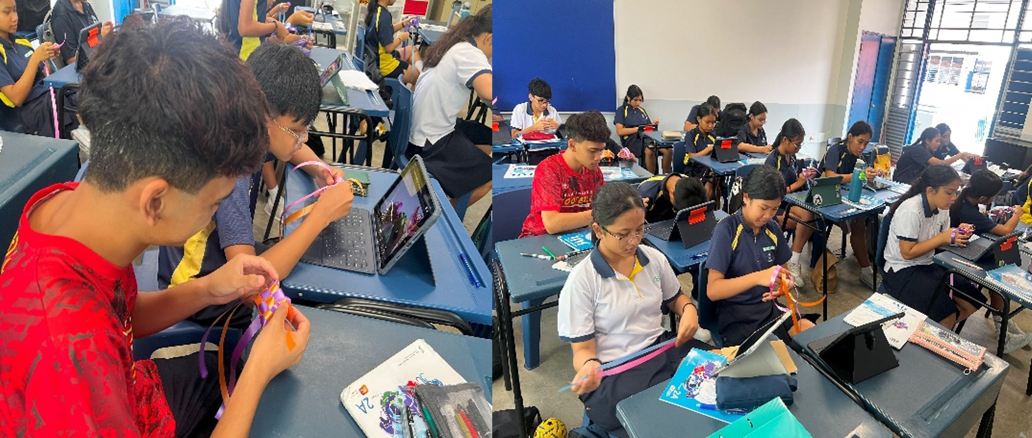 Students in school uniforms sit at blue desks in two classrooms, working with colorful ribbons and tablets.