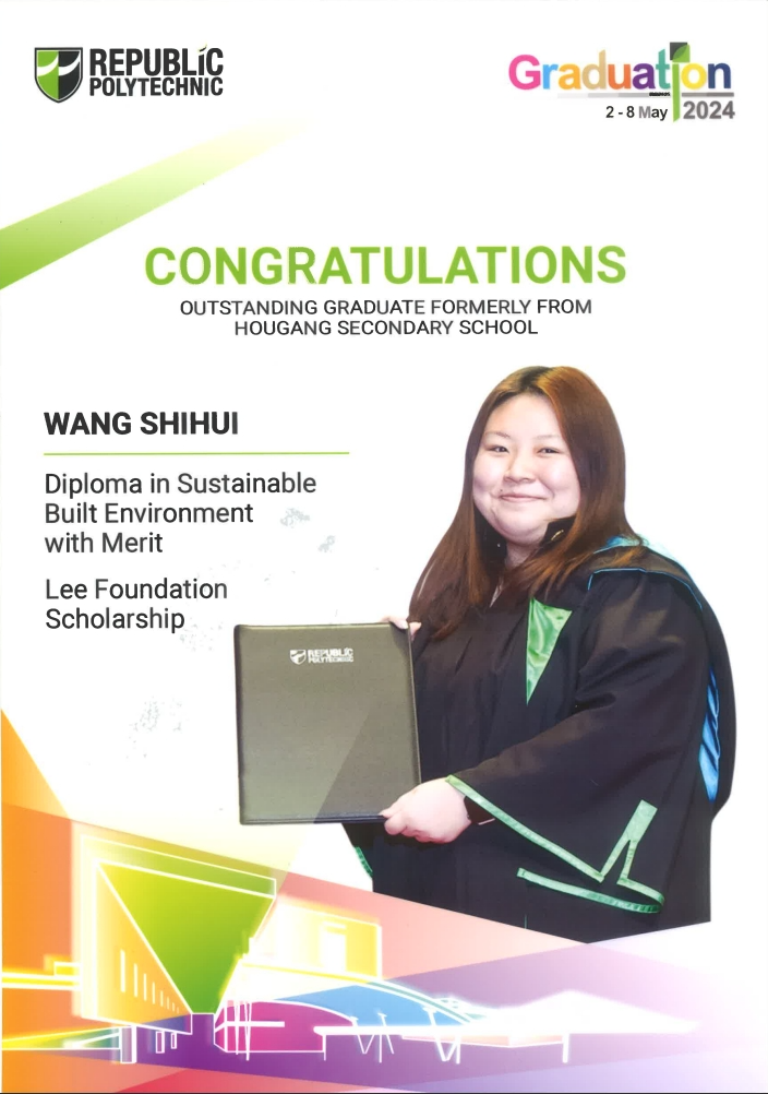 Republic Polytechnic 2024 graduation certificate for Wang Shihui in graduation gown holding a diploma folder.