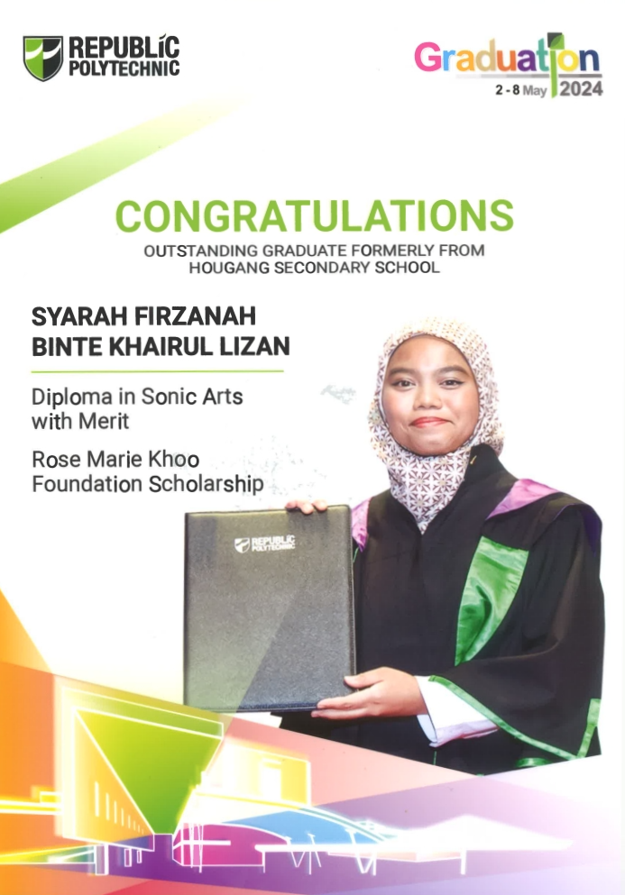 Republic Polytechnic graduation card congratulating Syarah Firzanah, wearing academic gown and hijab, holding a diploma folder.