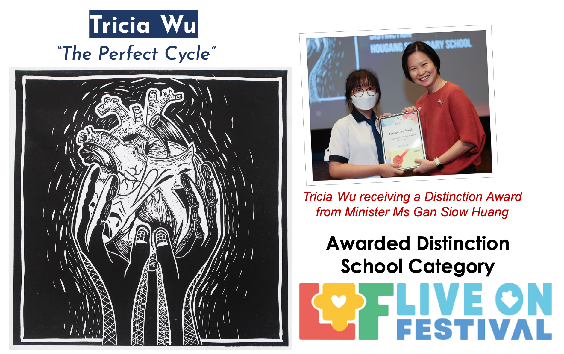 Tricia Wu's black and white linocut artwork beside a photo of her receiving a Distinction Award certificate.