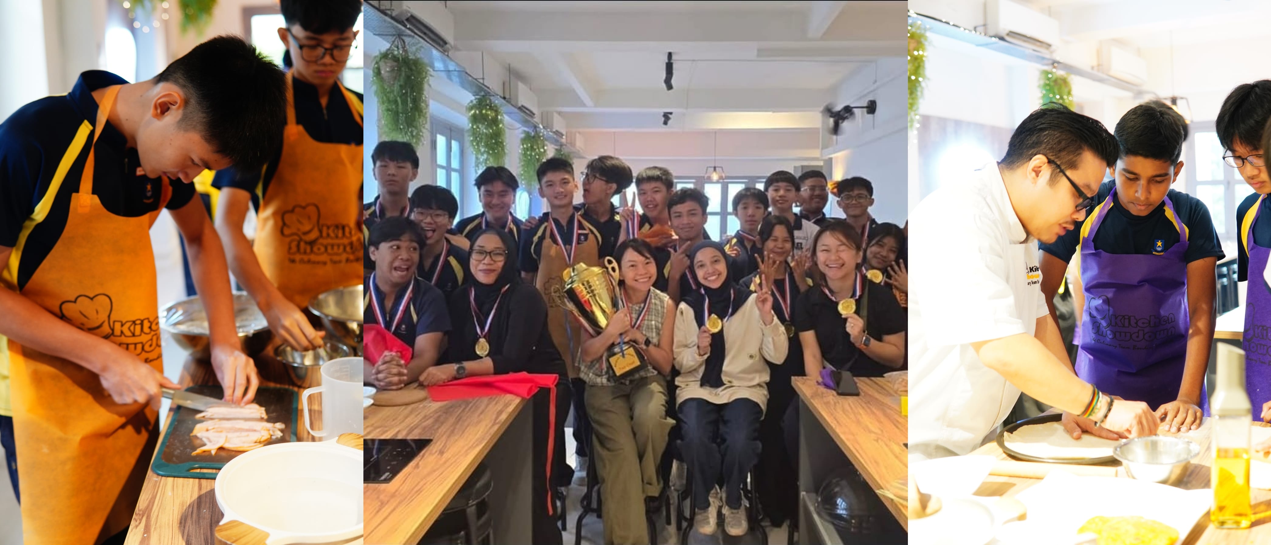 Students in aprons cook and pose with medals and a trophy in a kitchen classroom setting.