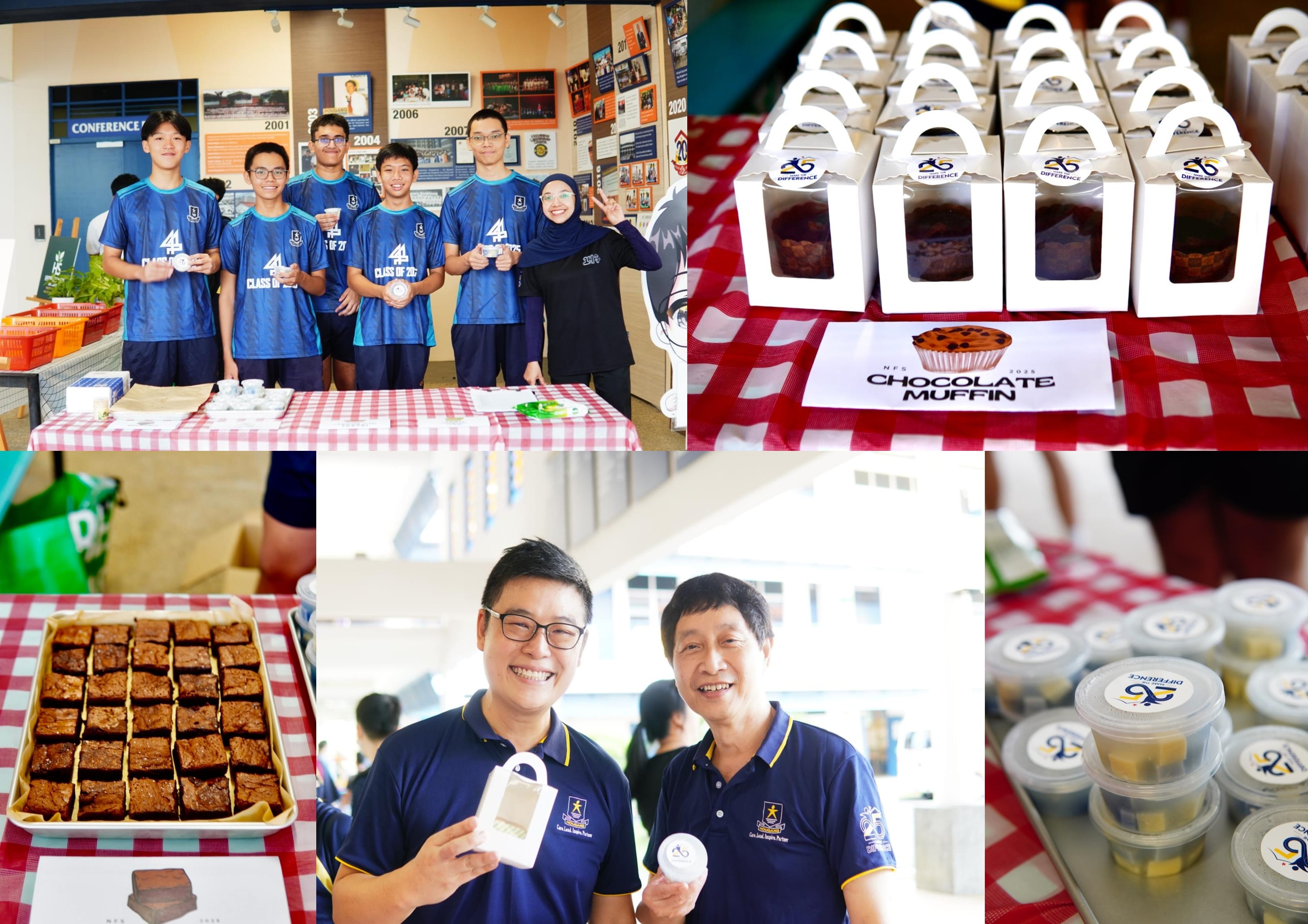School fundraiser with students and staff selling chocolate muffins, brownies, and labeled packaged goods on checkered tablecloths.