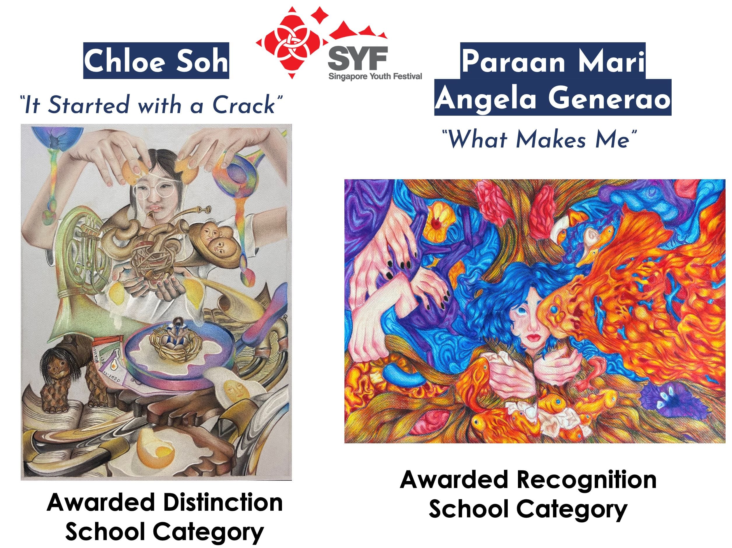 Two award-winning Singapore Youth Festival artworks by students Chloe Soh and Paraan Mari Angela Generao.
