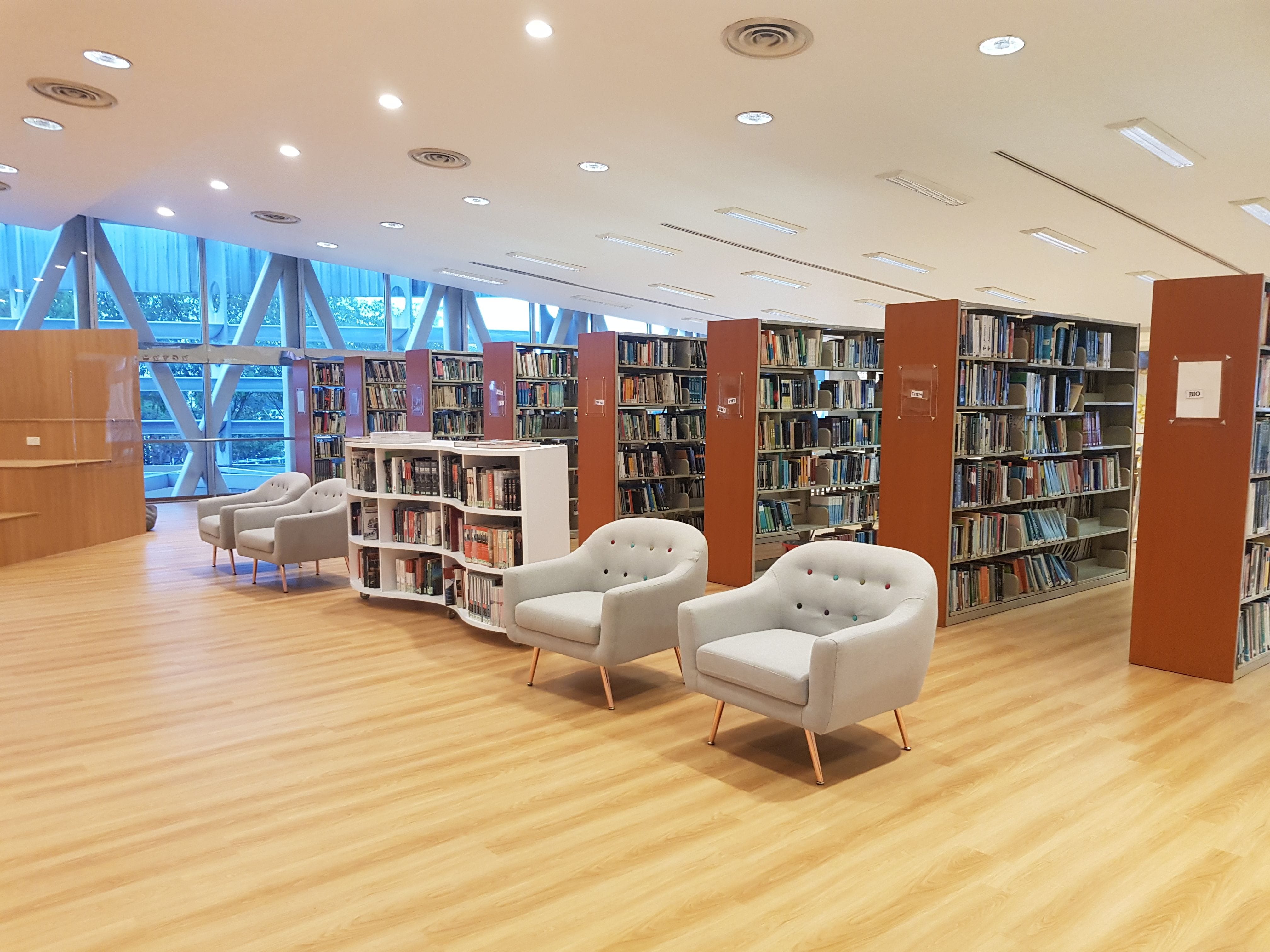 Modern library reading area with light gray armchairs, tall bookshelves, wood floors, and large windows.