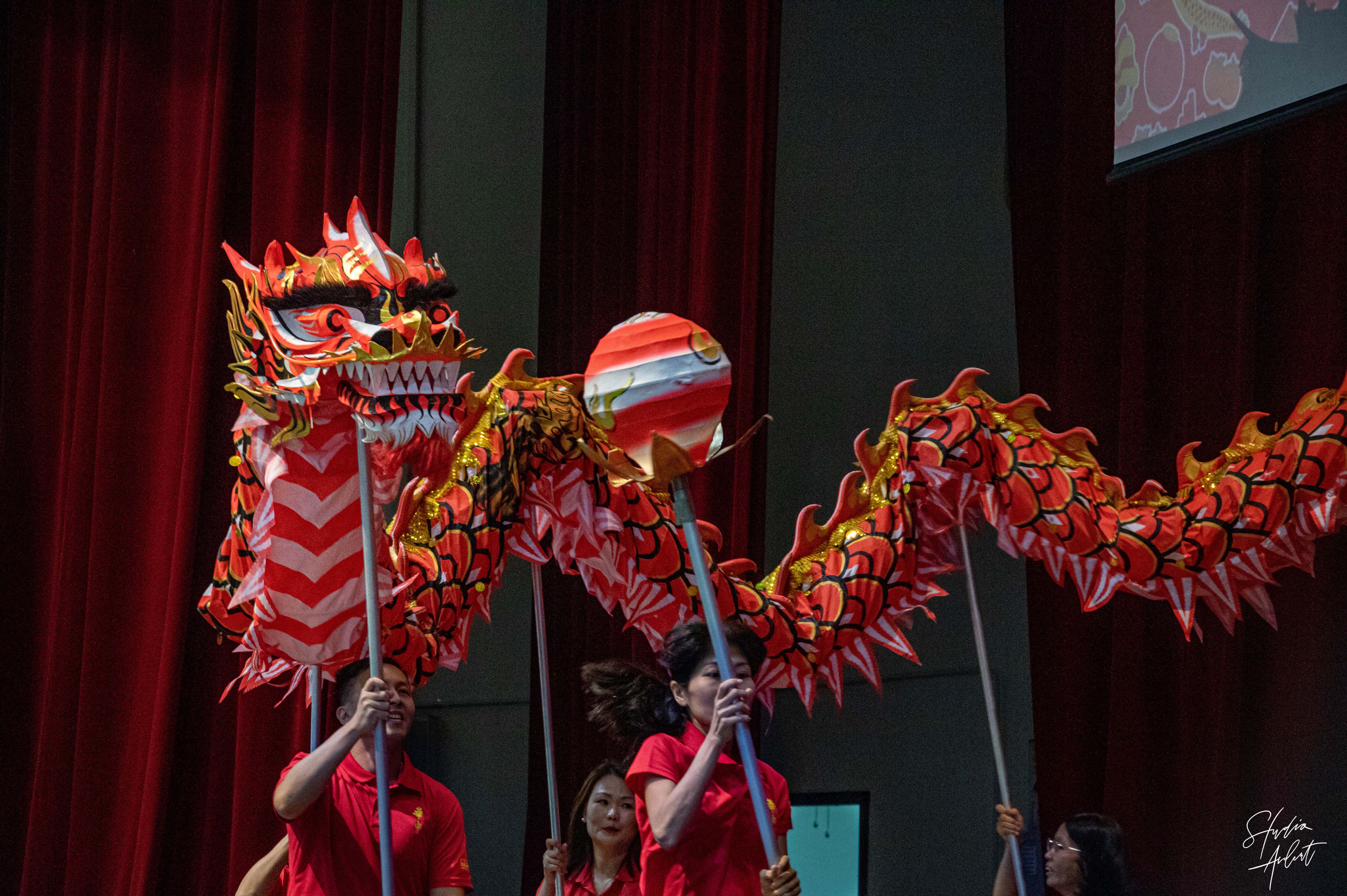 Performers in red shirts carry a red and gold Chinese dragon costume on poles during a traditional dragon dance.