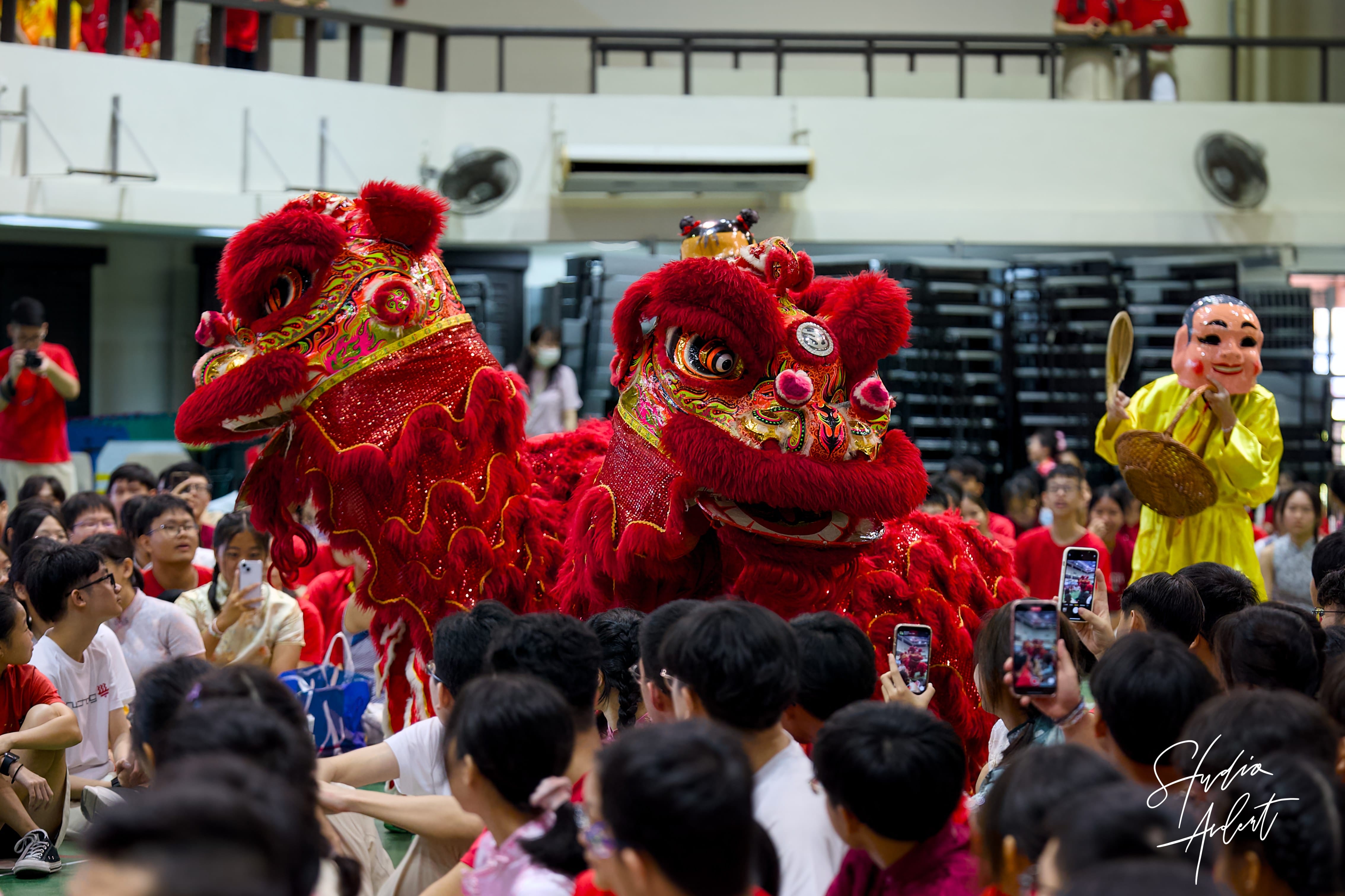 Two vibrant red Chinese lion dance costumes perform indoors before a large seated crowd of young spectators.