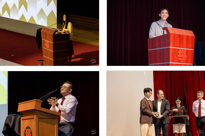 Four photos from a school event showing two speakers at a podium, a man clapping, and four people presenting an award on stage.