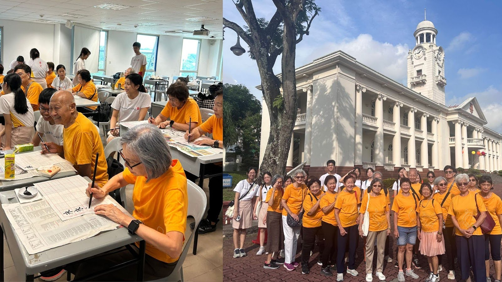 Elderly group in orange shirts practice calligraphy indoors, and pose outdoors before a white colonial building with a clock tower.