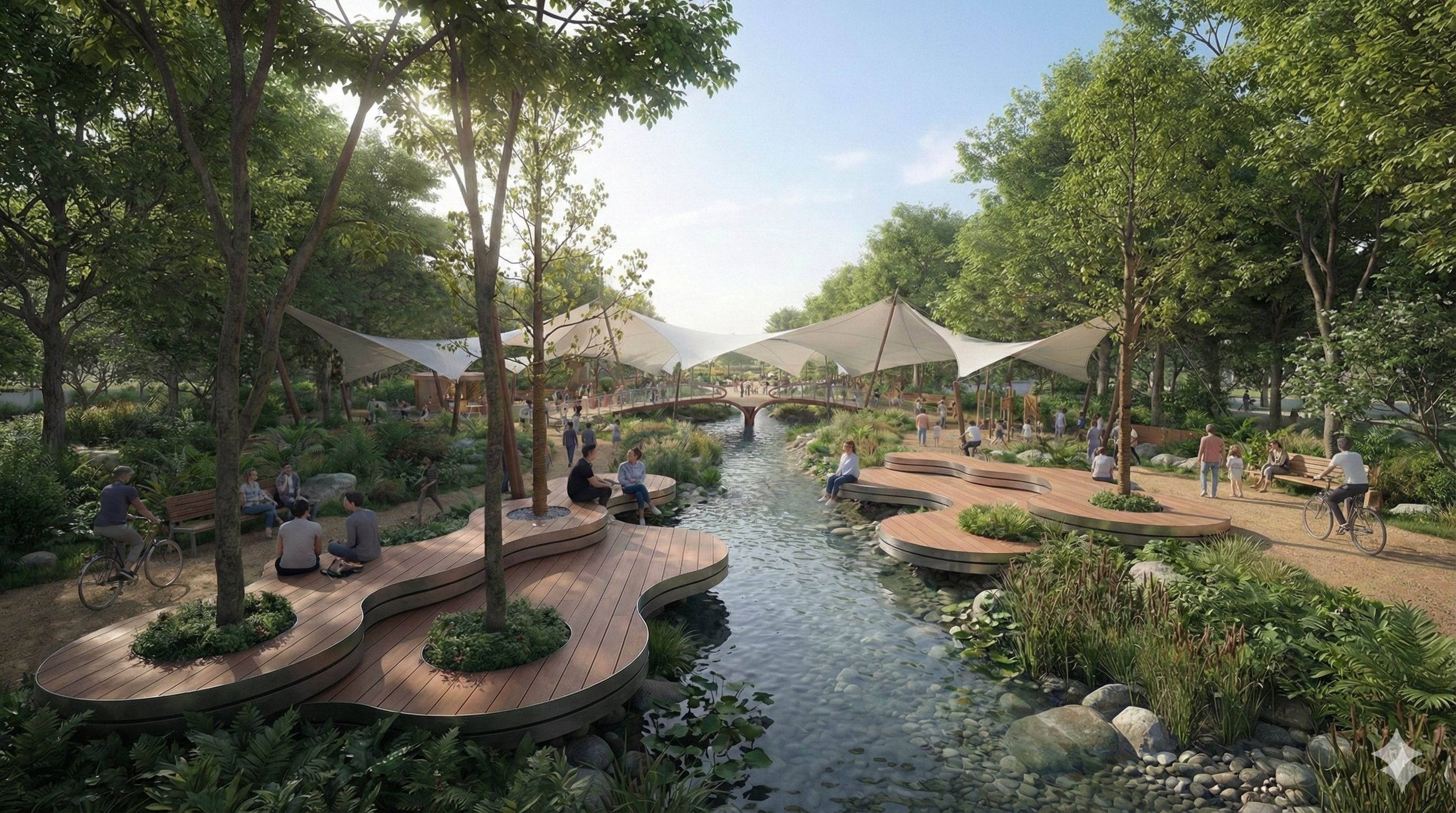 Rendered park design with curved wooden decks beside a stream, shade canopies, lush trees, and people relaxing and cycling.