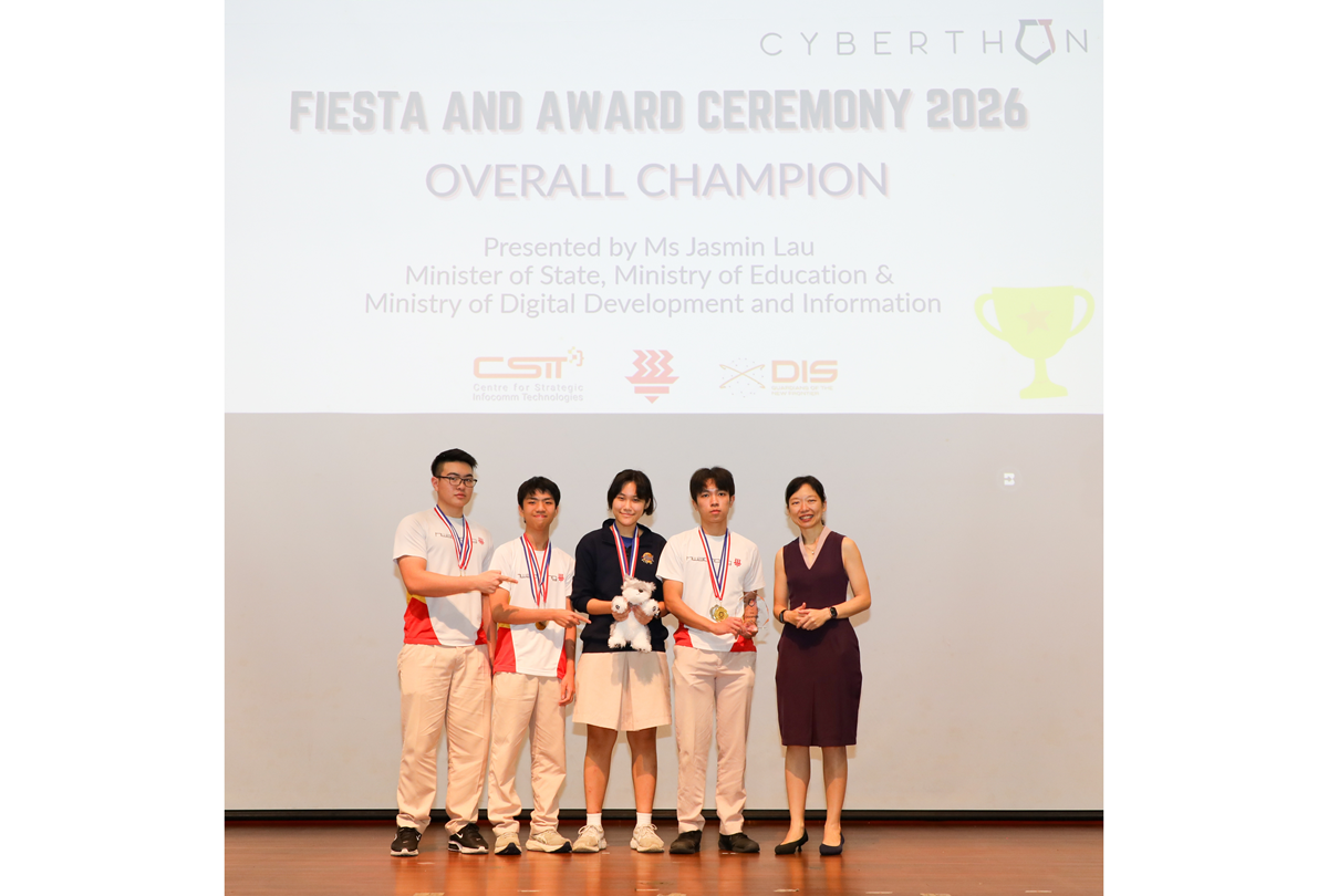 On the stage, HCI's Team "CSIT #1 fans" — Zhao Jianzhi, Cao Xizhen, Soong Yuan Jie Julian, and Jerome Lim Feng — for clinching 1st place overall and the Artificial Intelligence Challenge title in this year's Cyberthon!