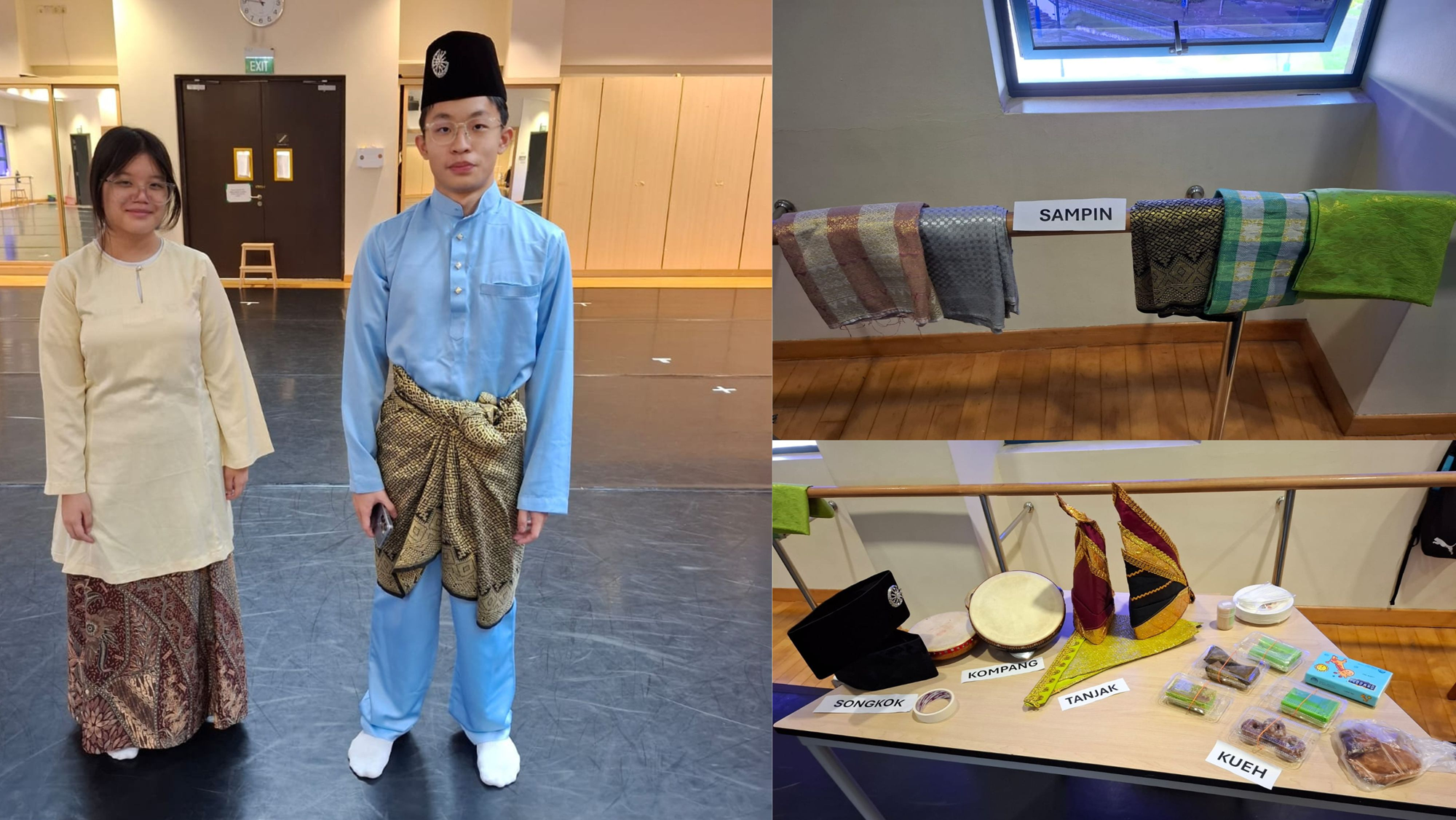 Two people in Malay traditional attire beside a display of labeled cultural items: Sampin, Songkok, Kompang, Tanjak, and Kueh.