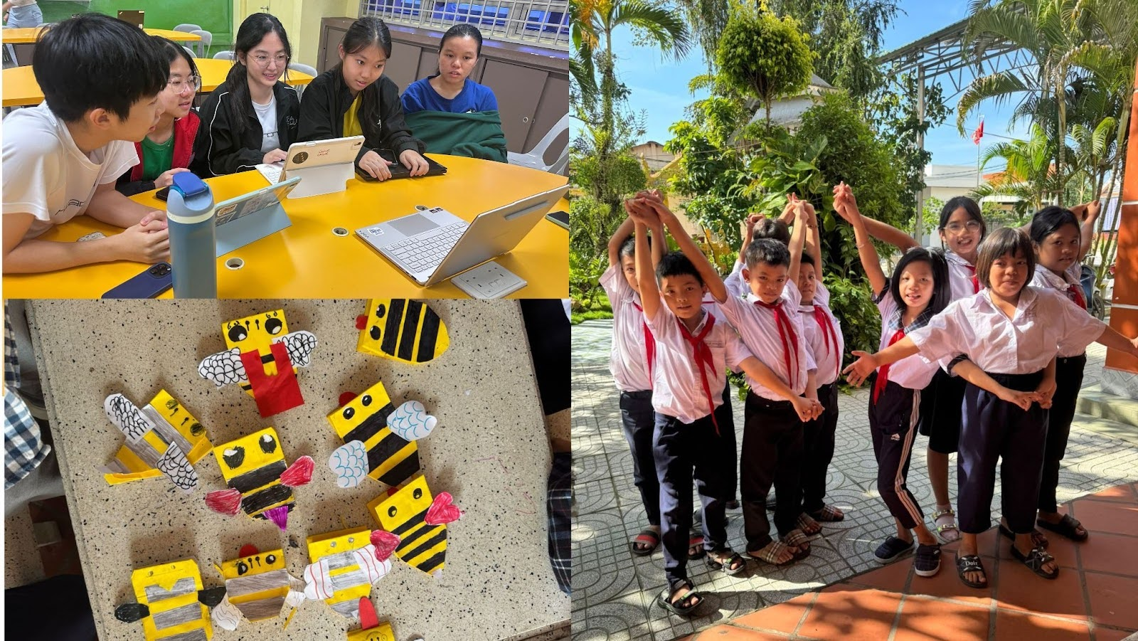 Students collaborate on laptops, display bee crafts made from painted wood blocks, and pose outdoors with raised hands.