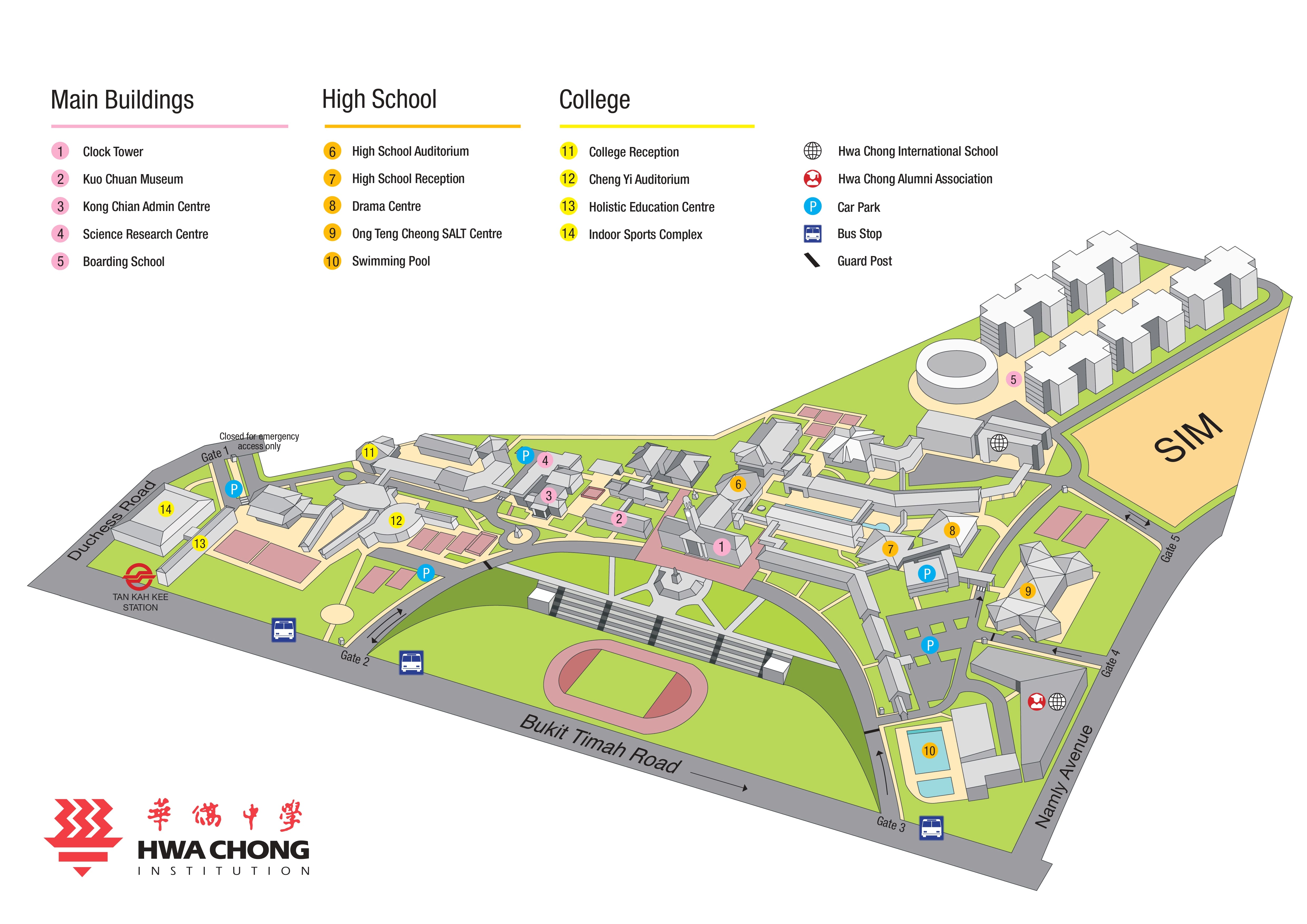 Campus map of Hwa Chong Institution showing 14 numbered buildings, gates, car parks, and bus stops along Bukit Timah Road.