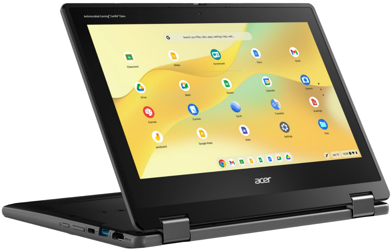 Black Acer Chromebook in tent mode showing a ChromeOS home screen with Google app icons.