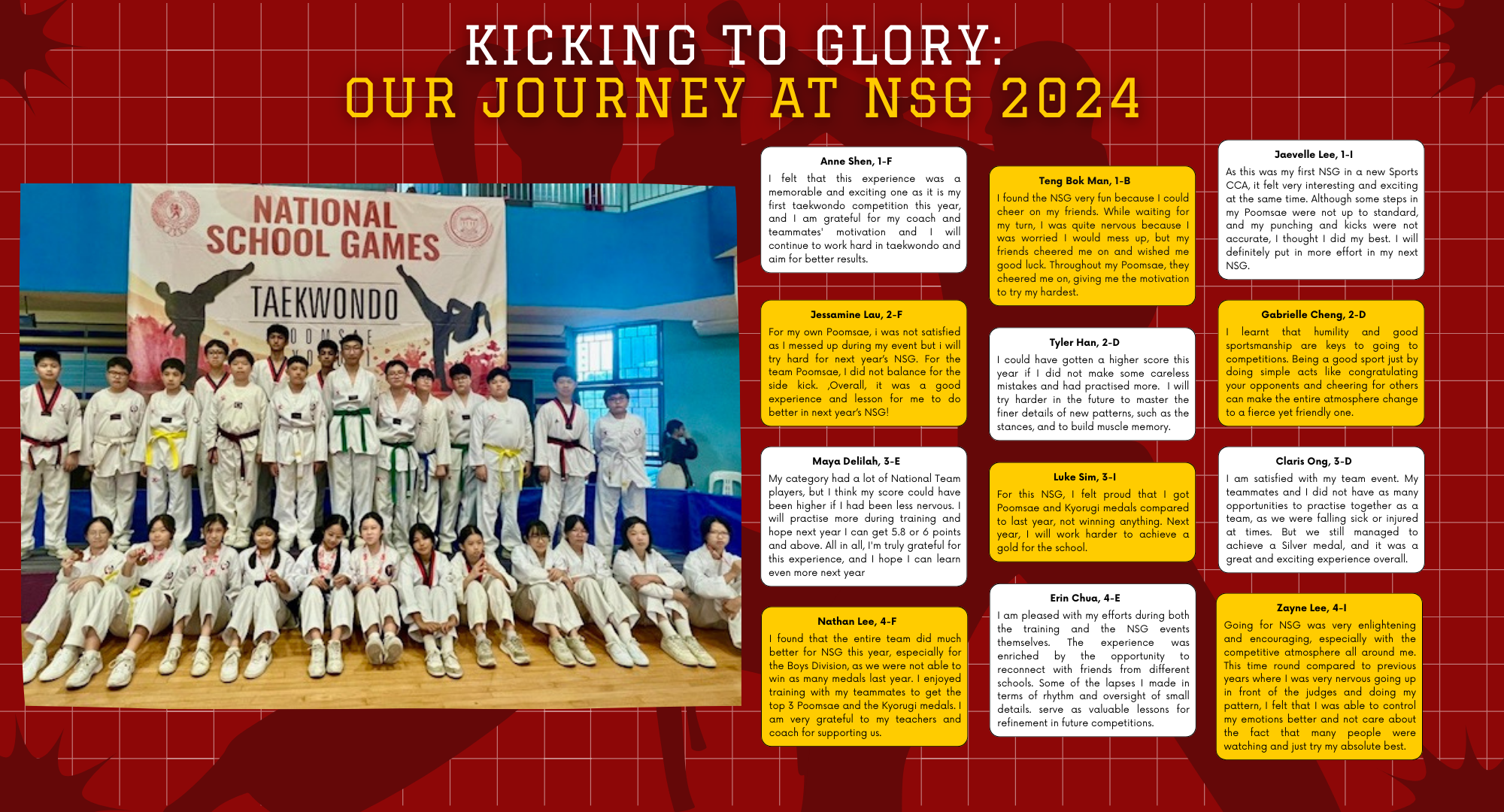 A taekwondo team poses in white uniforms at National School Games 2024, alongside student reflection quotes on a red background.