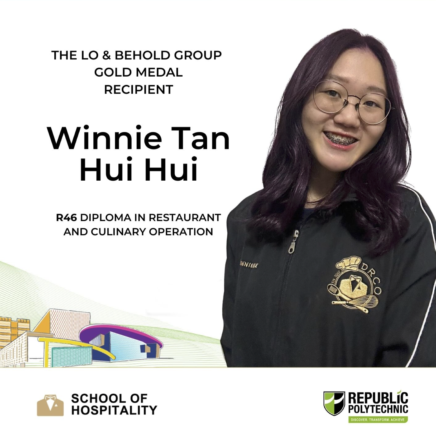 Smiling young woman with glasses named Winnie Tan Hui Hui, Lo and Behold Group Gold Medal Recipient at Republic Polytechnic.