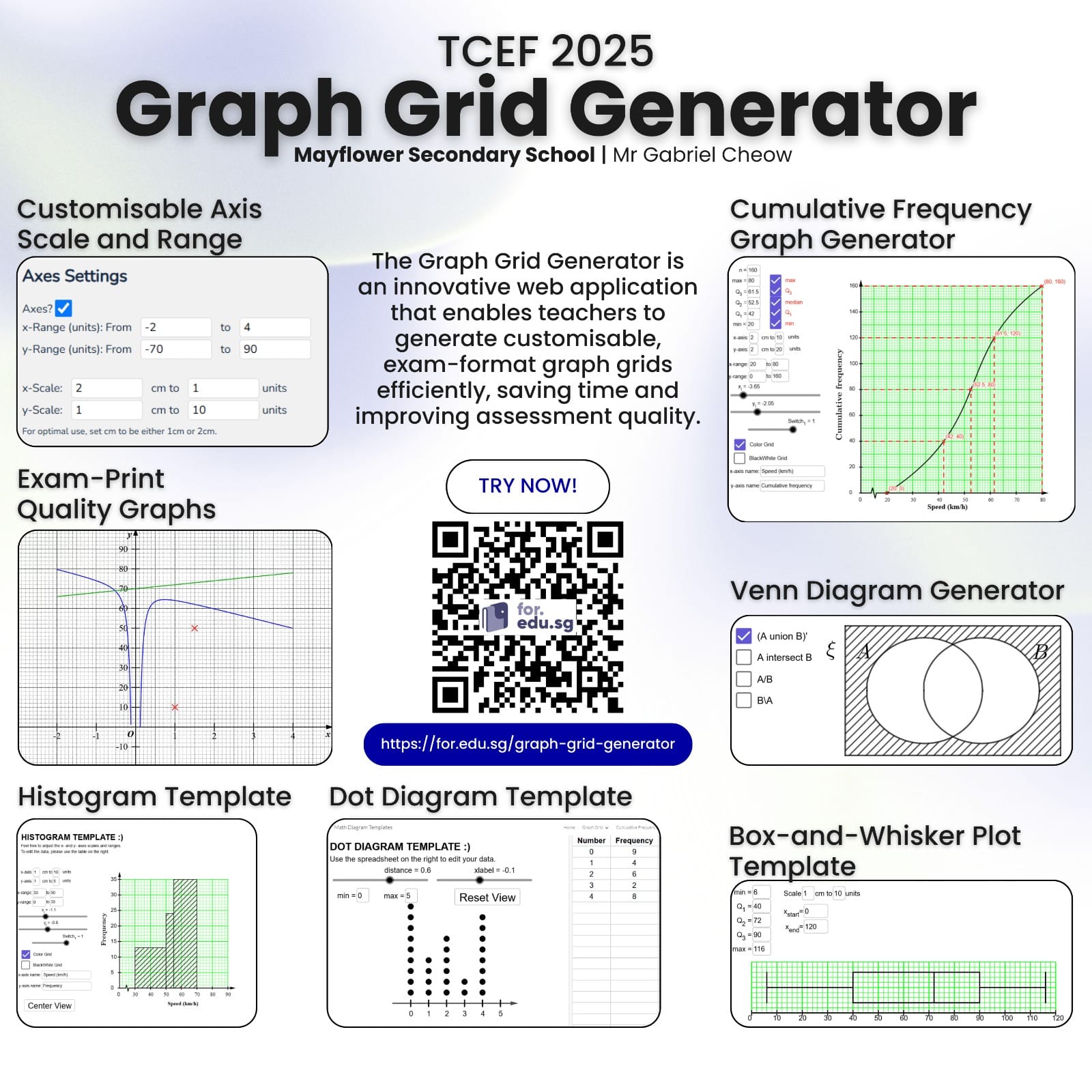 Promotional poster for TCEF 2025 Graph Grid Generator tool by Mayflower Secondary School, showing chart templates.