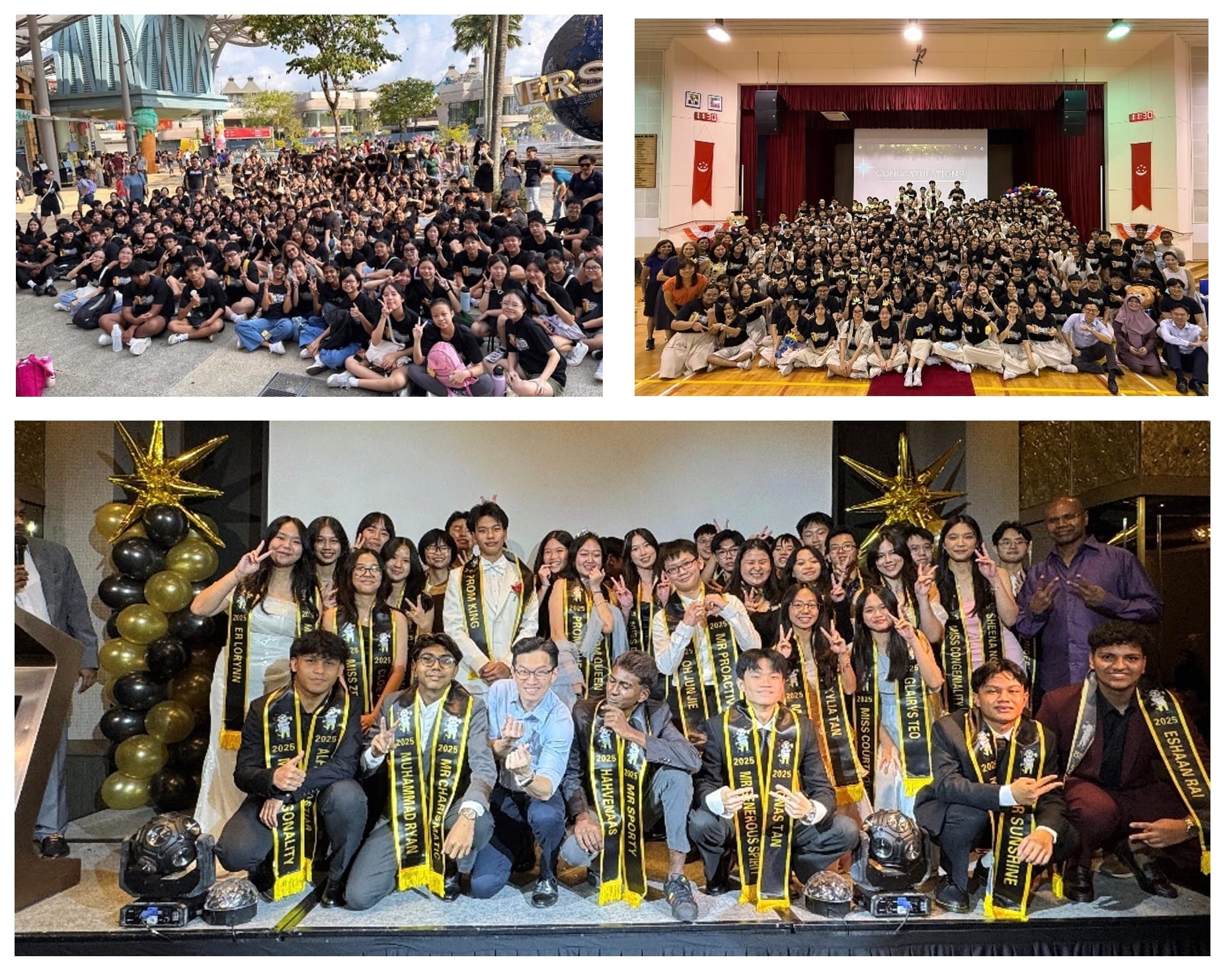 Three group photos of students: outdoors near a globe, in a hall, and at a prom with gold sashes and balloons.
