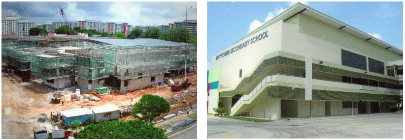 Two photos showing Mayflower Secondary School under construction on the left and the completed building on the right.