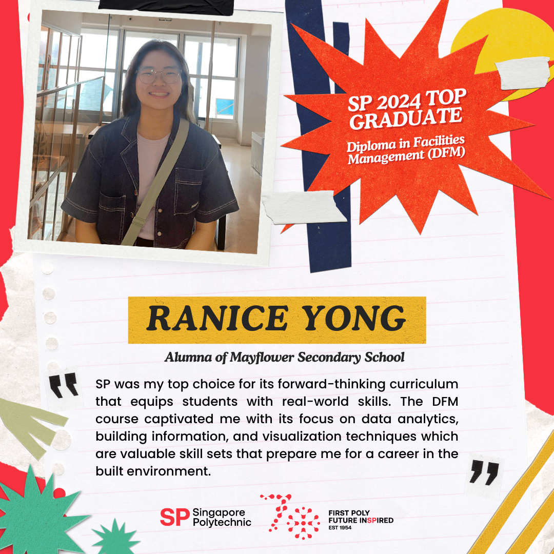 Promotional card for SP 2024 Top Graduate Ranice Yong, featuring her photo and a quote about the DFM course.